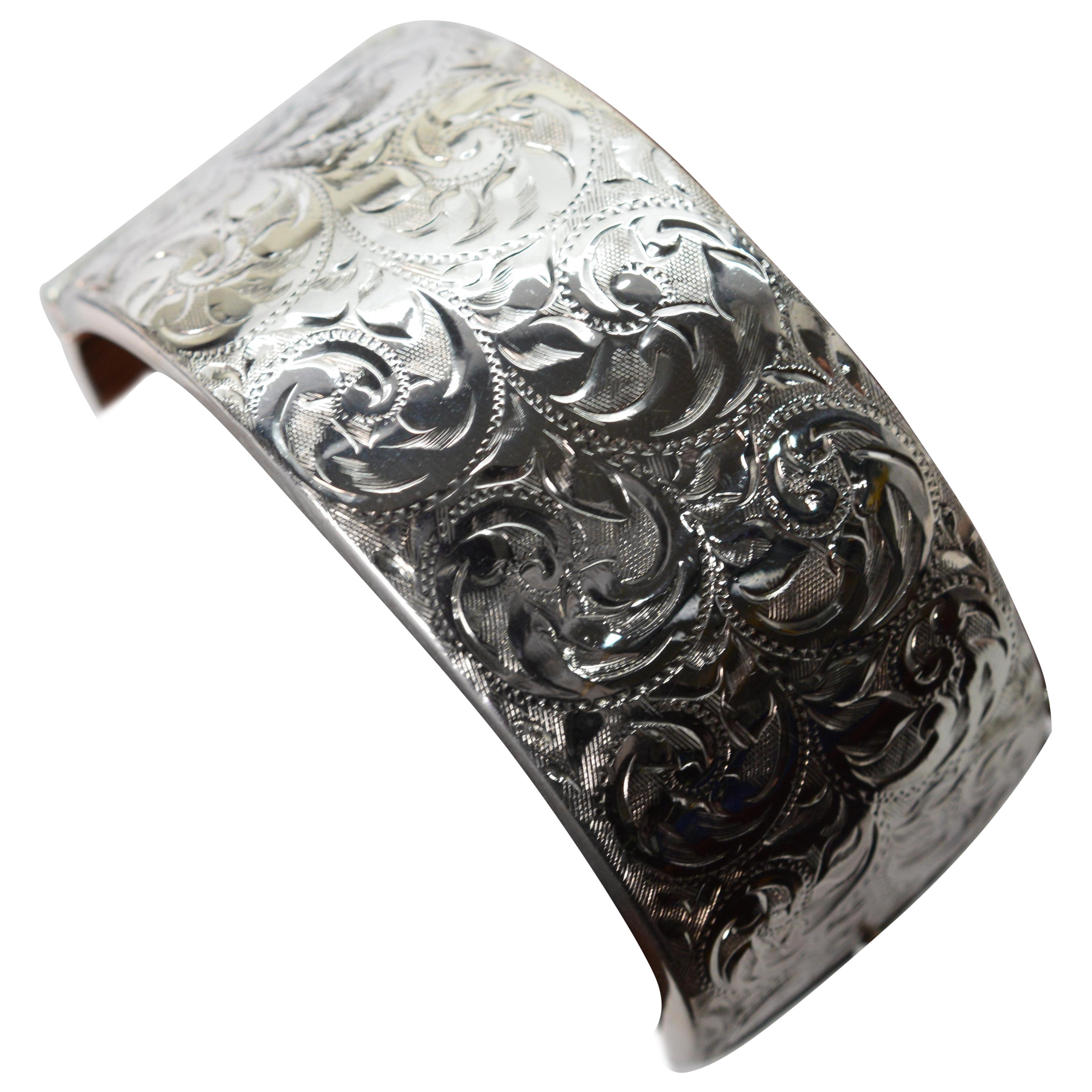 Birmingham Sterling Silver Engraved Wide Bangle Cuff Bracelet