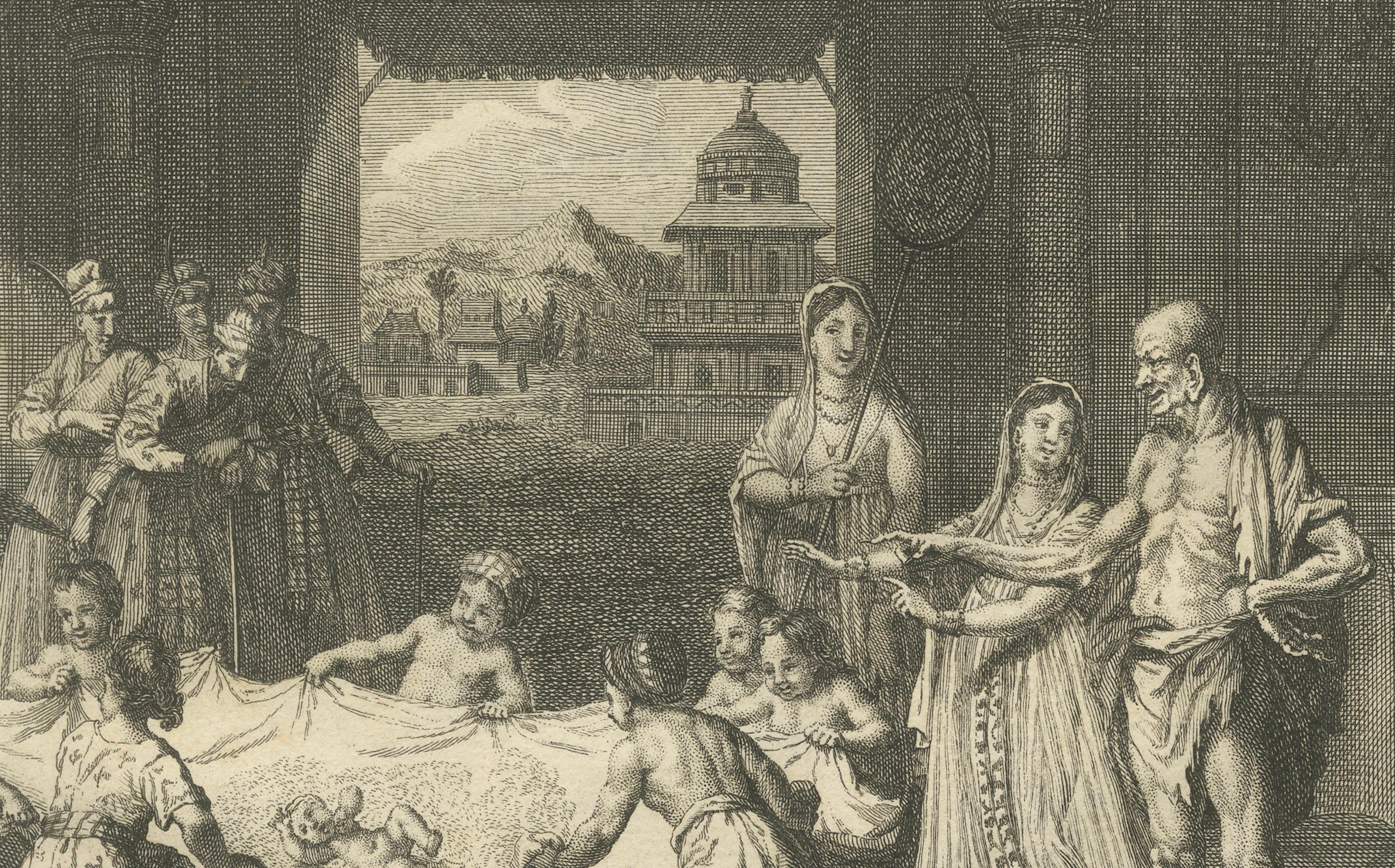 Título: Rituales de nacimiento y nombramiento de los banianos - Grabado antiguo de 1734 sobre costumbres indias

Descripción:
Este raro y evocador grabado en cobre, publicado en 1734 como parte de 