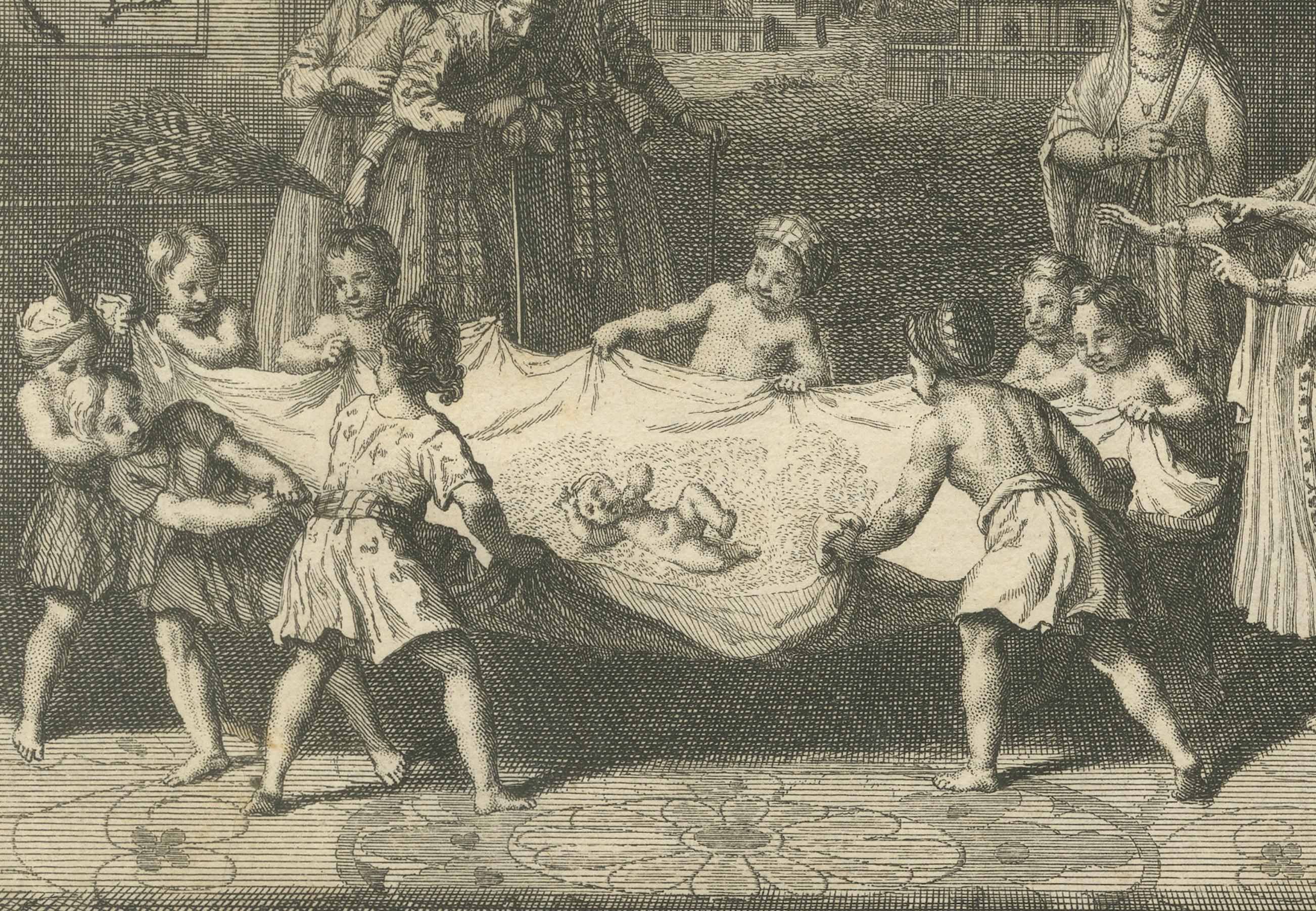 Rituales de Nacimiento y Nombramiento de los Banianos - Raro Grabado Costumbrista Indio de 1734 en Bueno estado para la venta en Langweer, NL