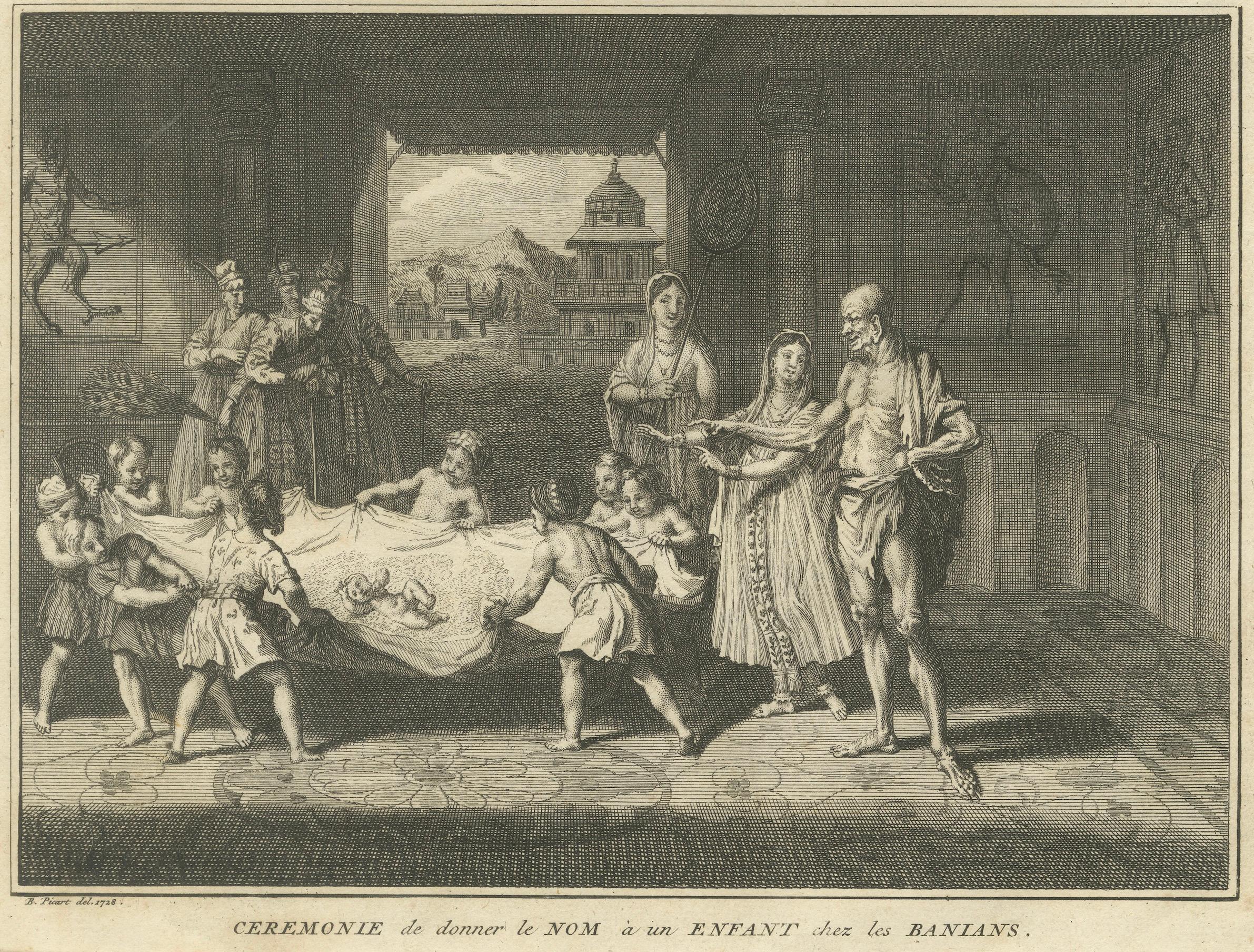 Rituales de Nacimiento y Nombramiento de los Banianos - Raro Grabado Costumbrista Indio de 1734 mediados del siglo XVIII en venta