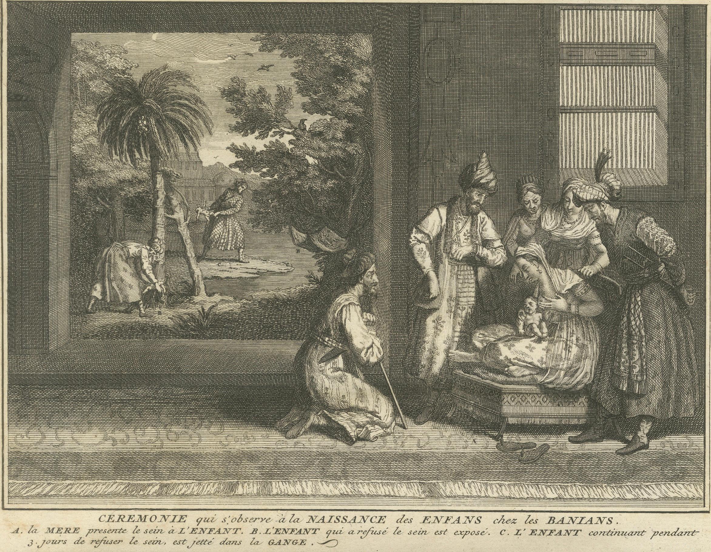Rituales de Nacimiento y Nombramiento de los Banianos - Raro Grabado Costumbrista Indio de 1734 en venta 2