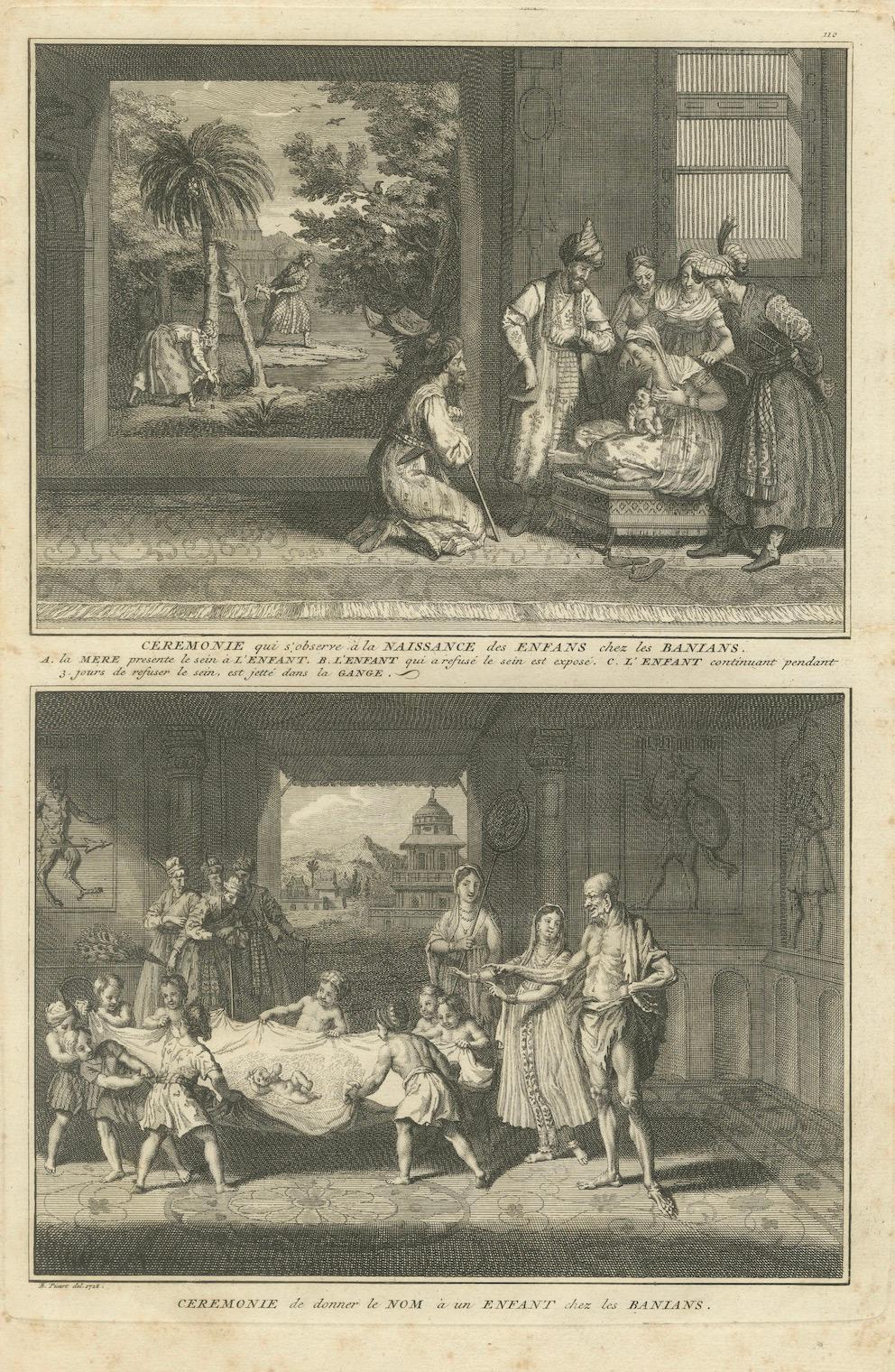 Rituales de Nacimiento y Nombramiento de los Banianos - Raro Grabado Costumbrista Indio de 1734 en venta 3