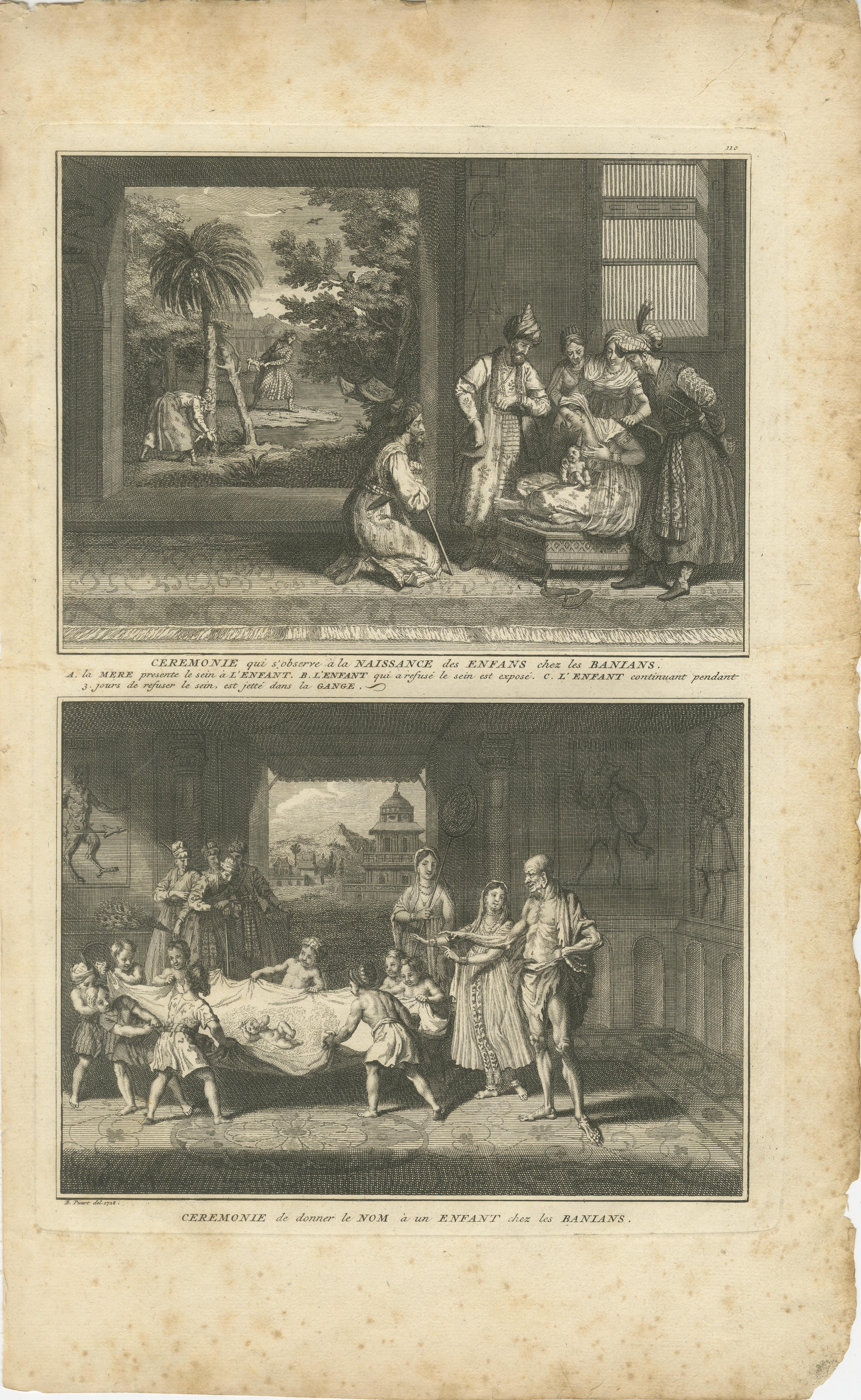Rituales de Nacimiento y Nombramiento de los Banianos - Raro Grabado Costumbrista Indio de 1734 en venta 4