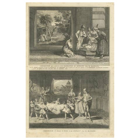 Birth and Naming Rituals of the Banians – Rare 1734 Indian Custom Engraving