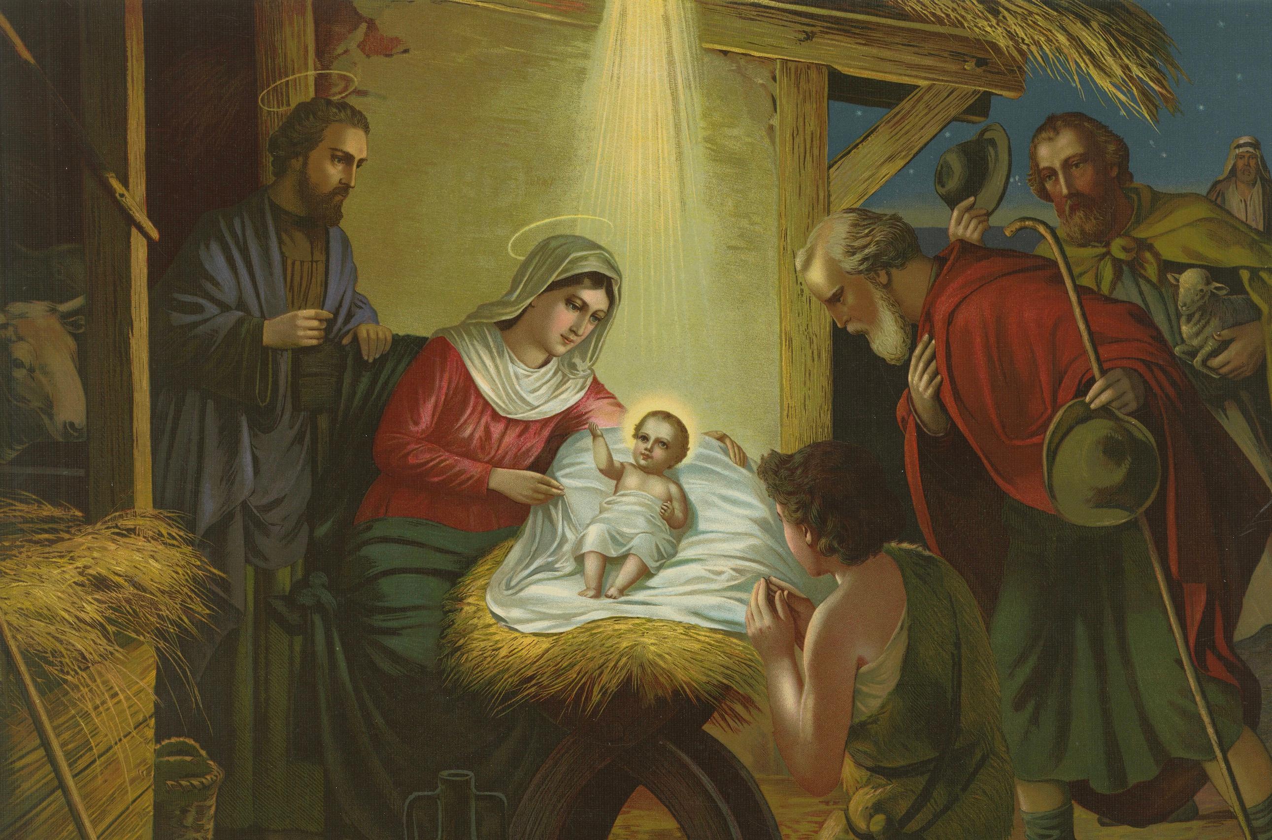 Geburt Jesu, Feine deutsche Chromolithographie um 1900 (Original) (Deutsch) im Angebot