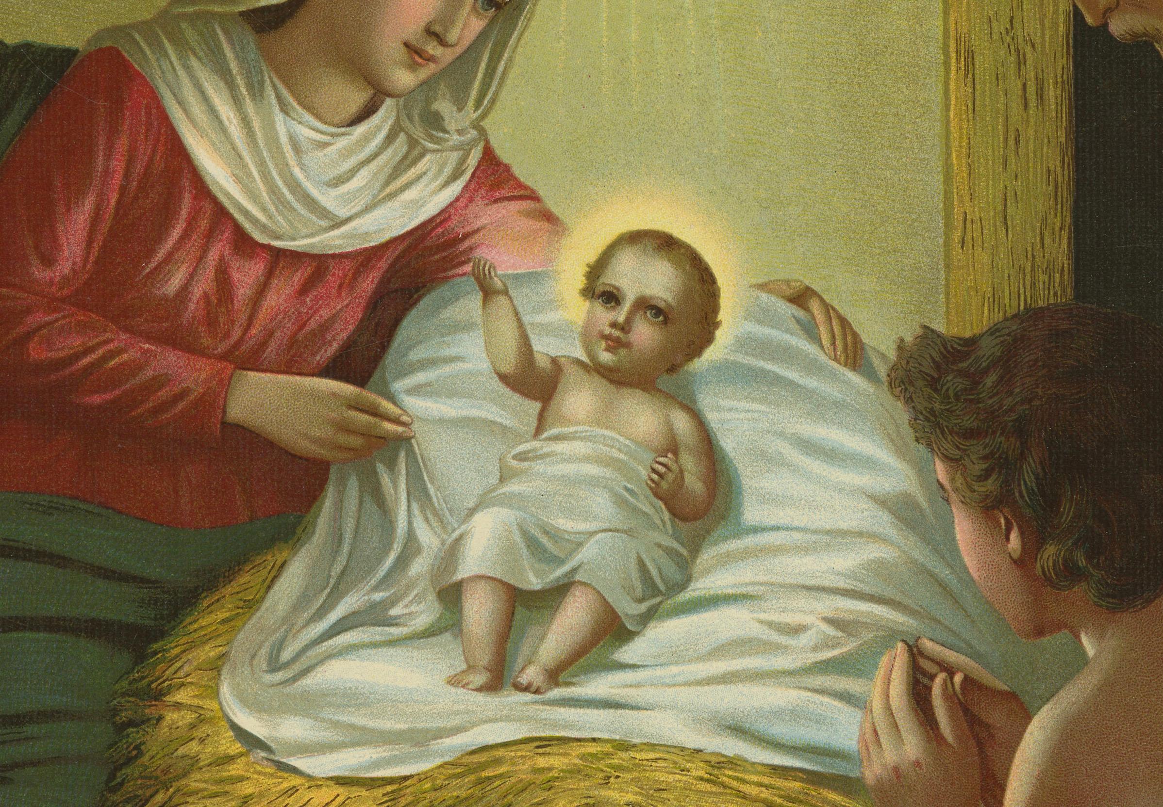 Geburt Jesu, Feine deutsche Chromolithographie um 1900 (Original) im Zustand „Gut“ im Angebot in Langweer, NL