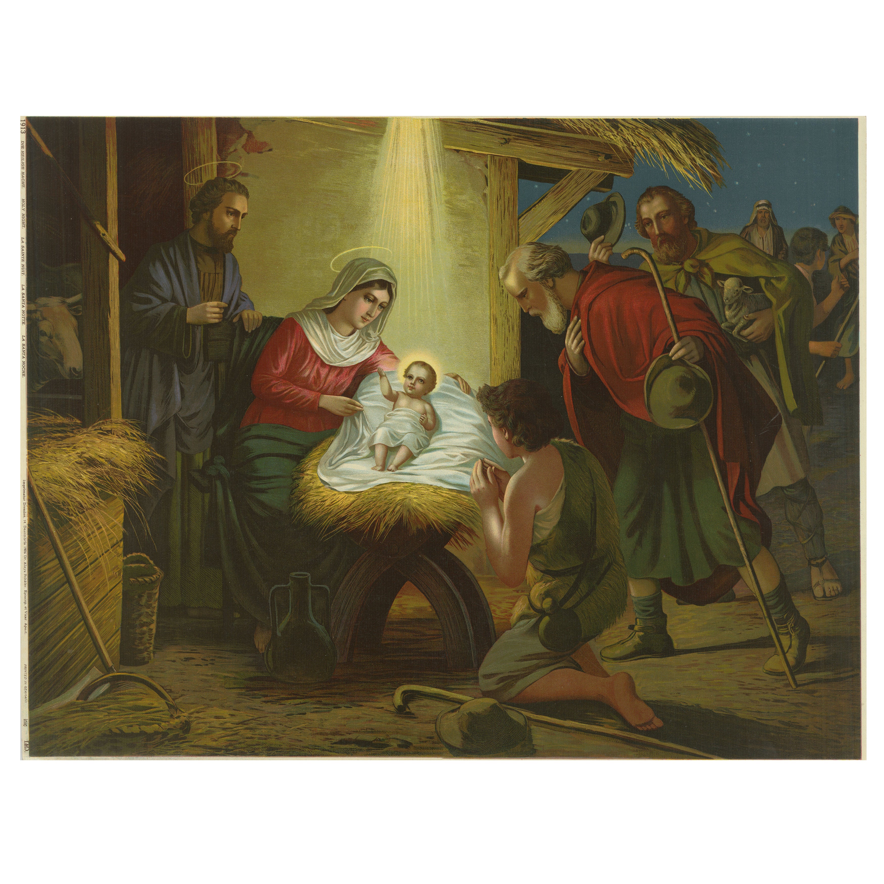 Birth of Jesus, Fine c.1900 German Nativity Chromolithograph (Original)