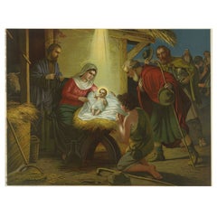 Antique Birth of Jesus, Fine c.1900 German Nativity Chromolithograph (Original)