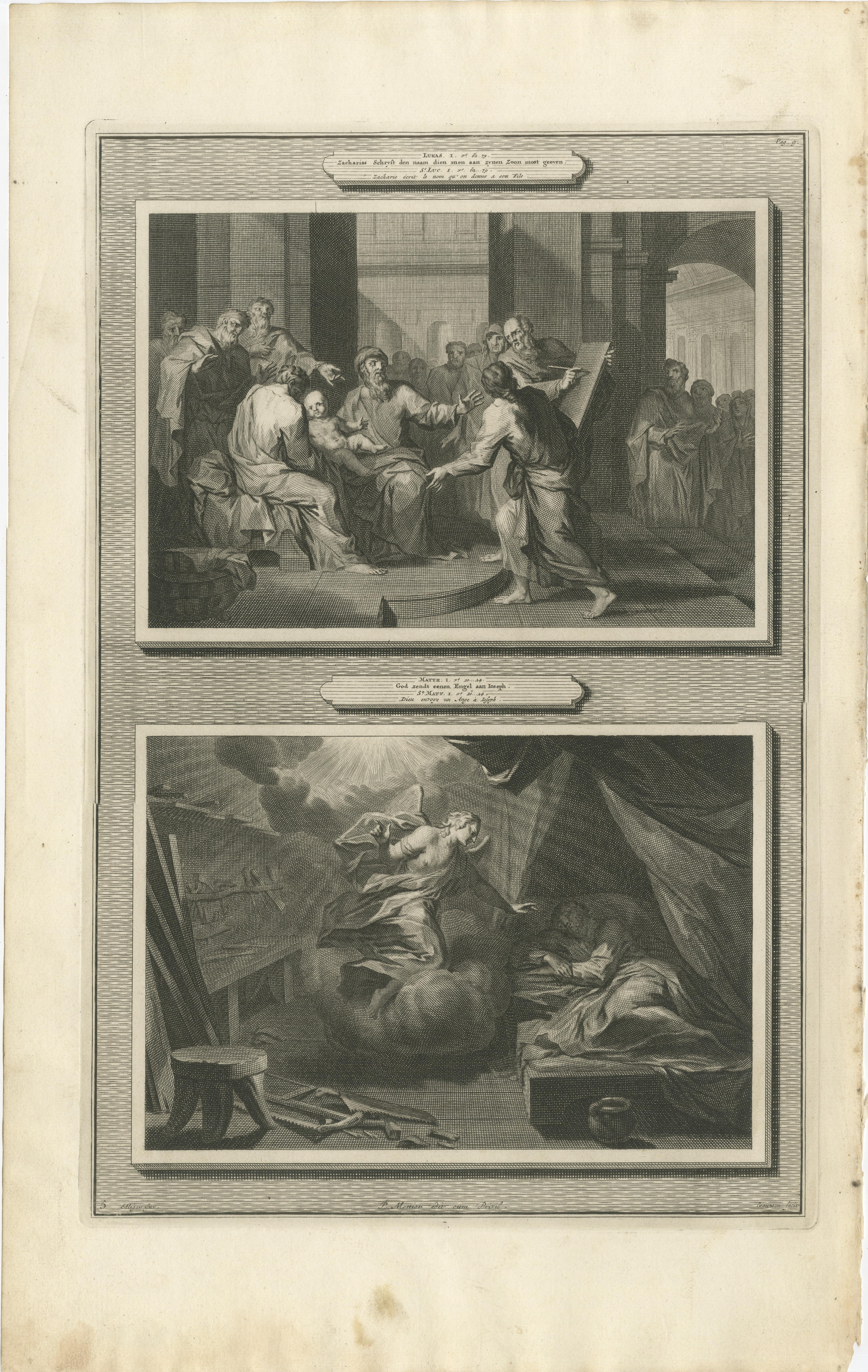 Naissance de I Johns et apparition de l'Angel à Joseph, Pieter Mortier, vers 1700

Gravure ancienne originale tirée de l'Histoire du Vieux et du Nouveau Testament, publiée à Amsterdam par Pieter Mortier vers 1700. La planche présente deux épisodes
