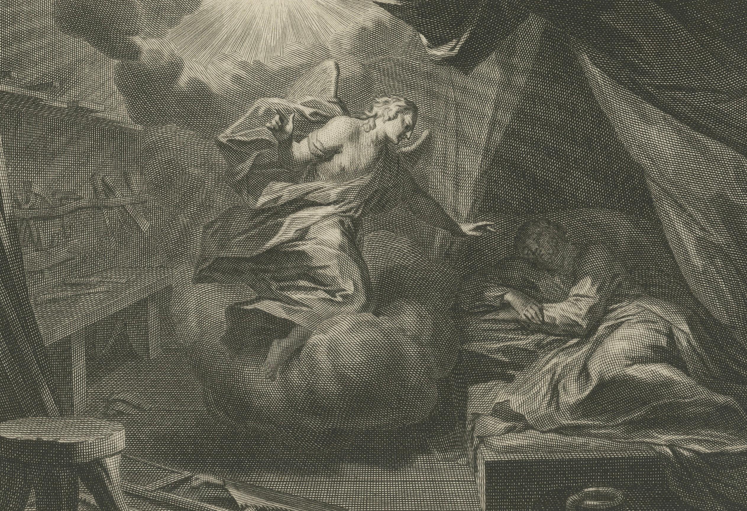 Gravé Naissance de I Johns et apparition de l'Angel à Joseph, Pieter Mortier, vers 1700 en vente