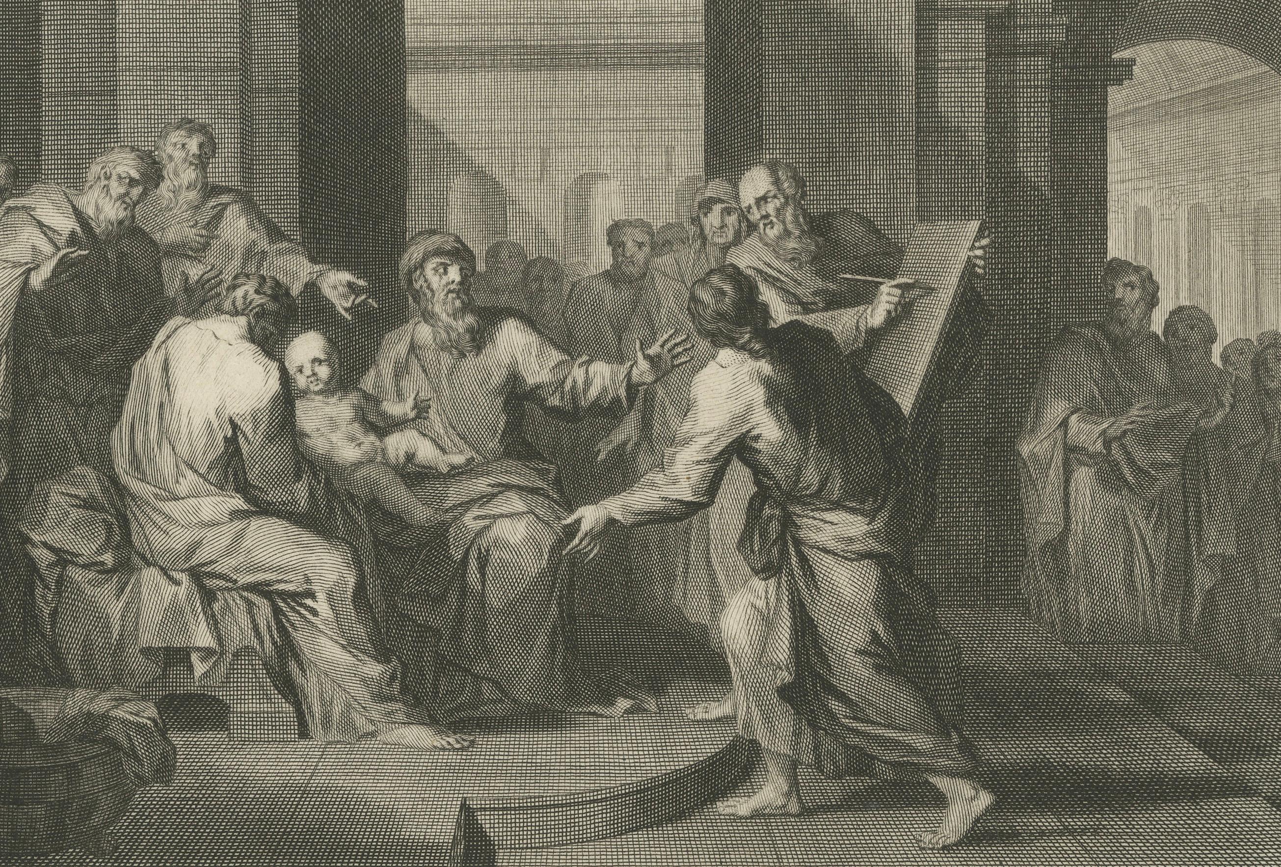 Début du XVIIIe siècle Naissance de I Johns et apparition de l'Angel à Joseph, Pieter Mortier, vers 1700 en vente