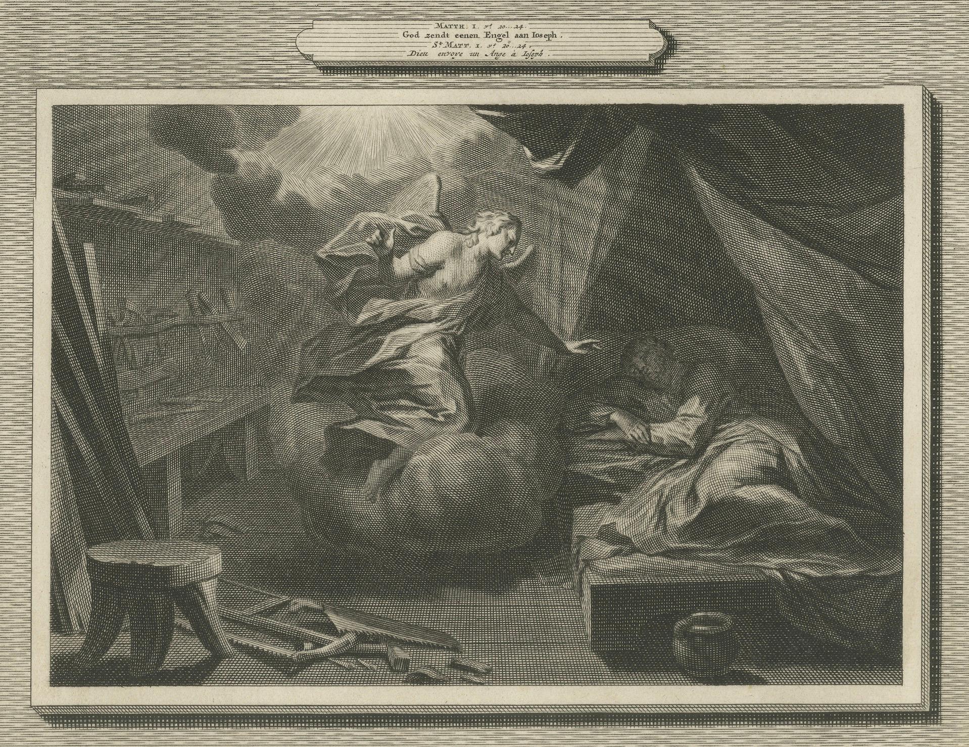Papier Naissance de I Johns et apparition de l'Angel à Joseph, Pieter Mortier, vers 1700 en vente