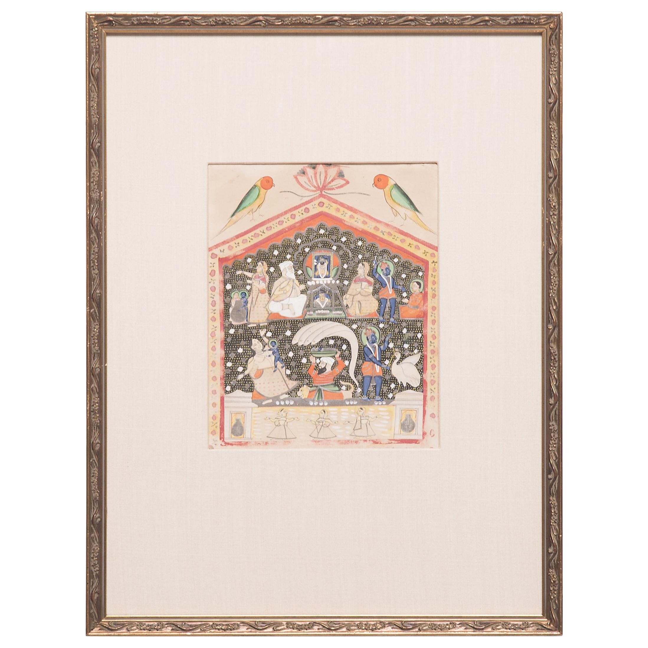 "Birth of Lord Krishna" 19th Century Indian Mughal Miniature Painting