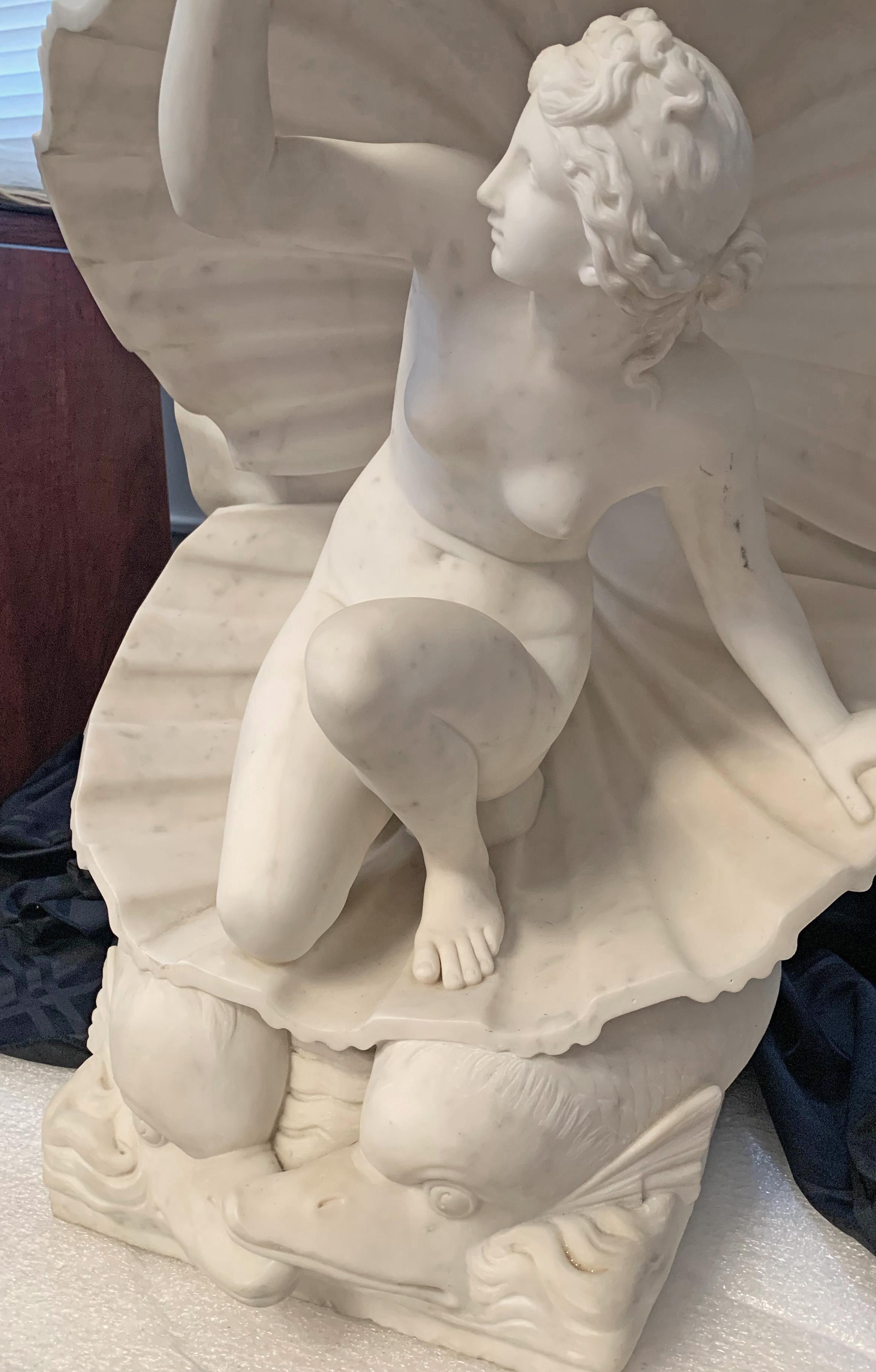 Exquisément sculptée, probablement par un artiste italien, cette belle et charmante sculpture en marbre représente une Vénus nue émergeant d'une coquille Saint-Jacques, le tout soutenu par un couple de dauphins. Les détails du visage, du torse, des