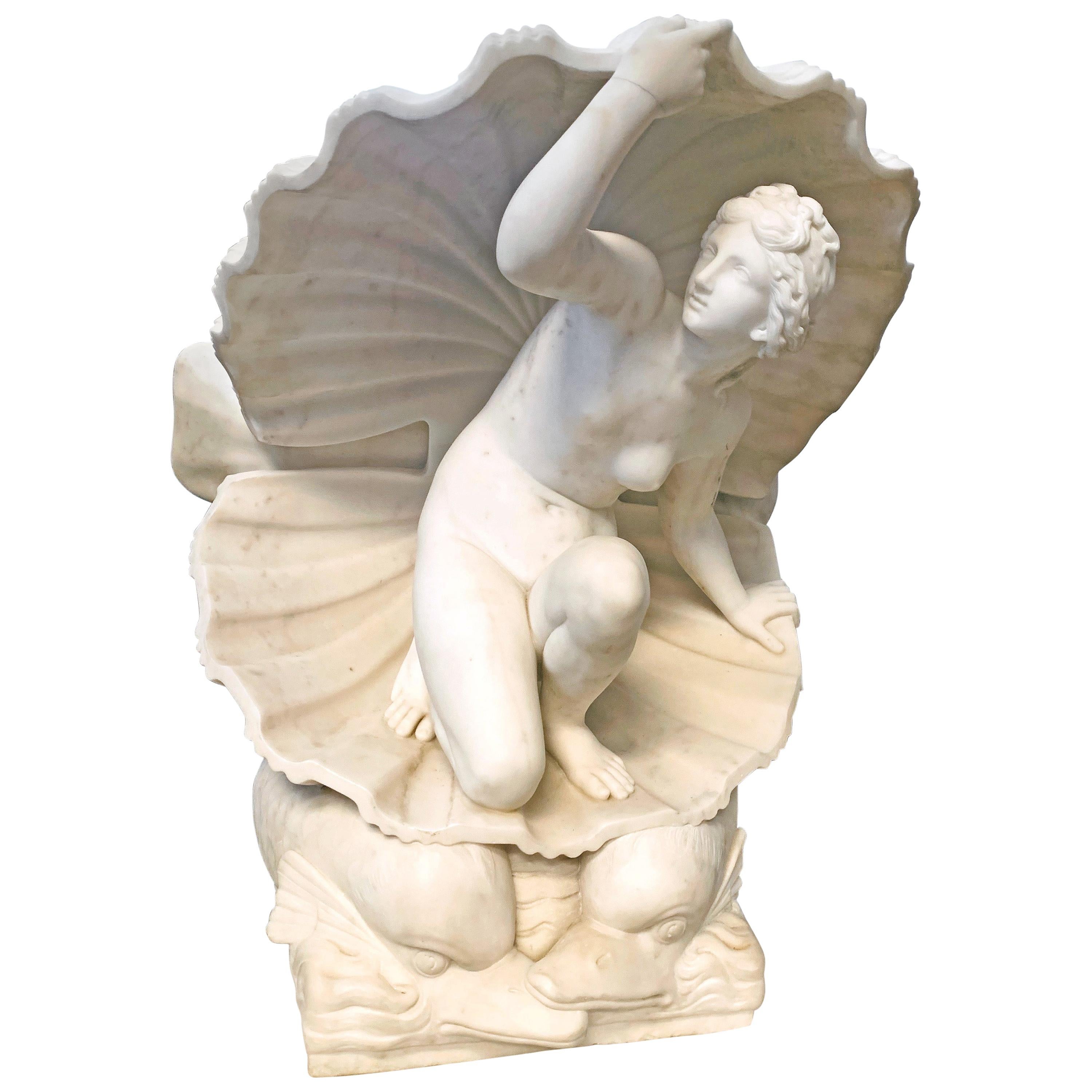"Birth of Venus, " Exquisite Marble Art Deco Sculpture of Venus with Dolphins