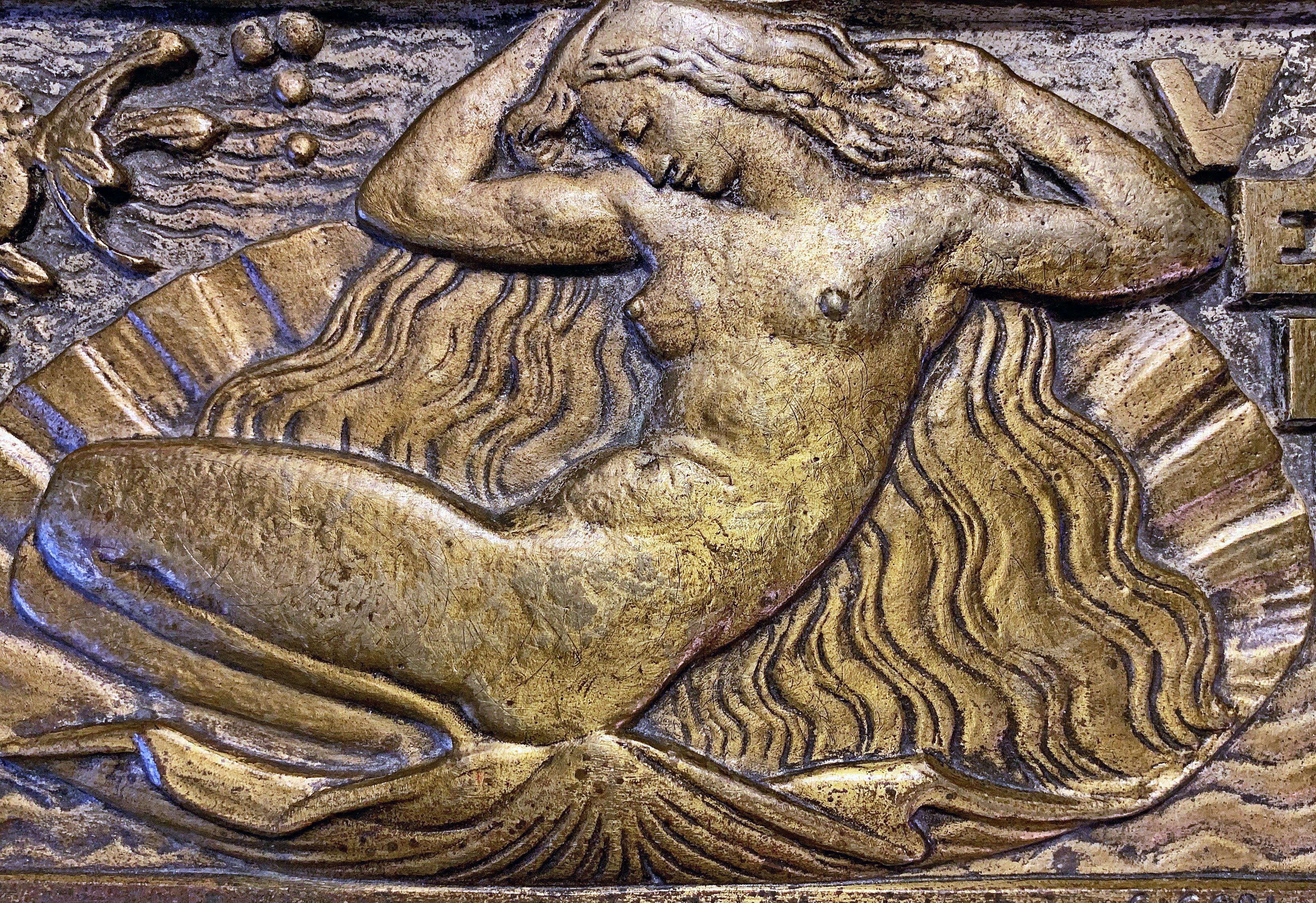Dramatically depicted in deep relief, this scene of Venus illustrates one of the classic stories of Greek mythology, that the goddess was born out of sea foam, and afterwards came ashore on a shell, pushed along by the breath of Zephyrus, the god of