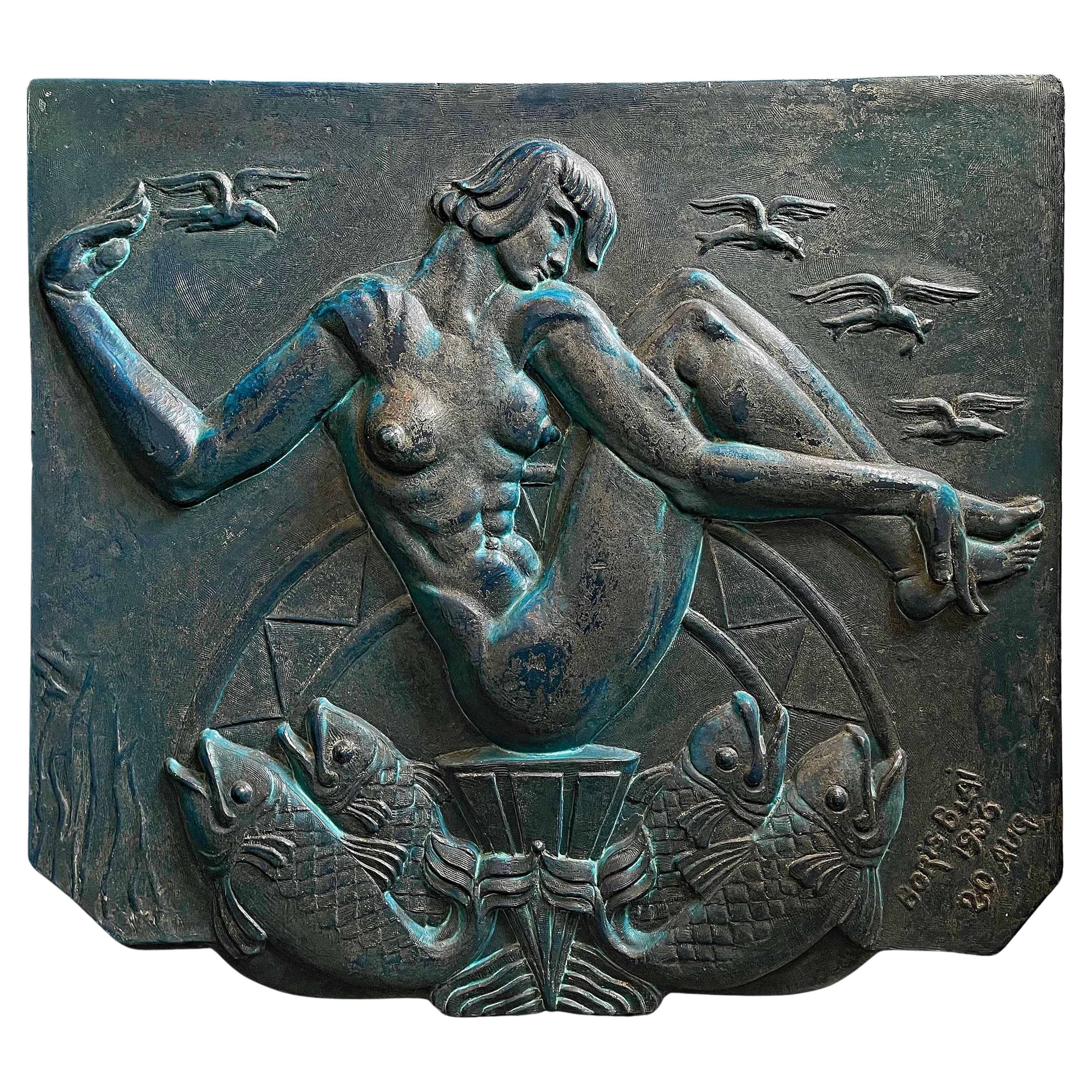 „ Vogel der Venus“, hohes Art déco-Paneel im späten Art déco-Stil mit Akt und Fisch, Dunkelblau