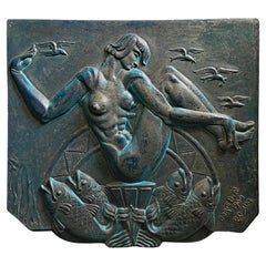 "Birth of Venus", High Style, Late Art Deco Panel with Nude and Fish, Dark Blue