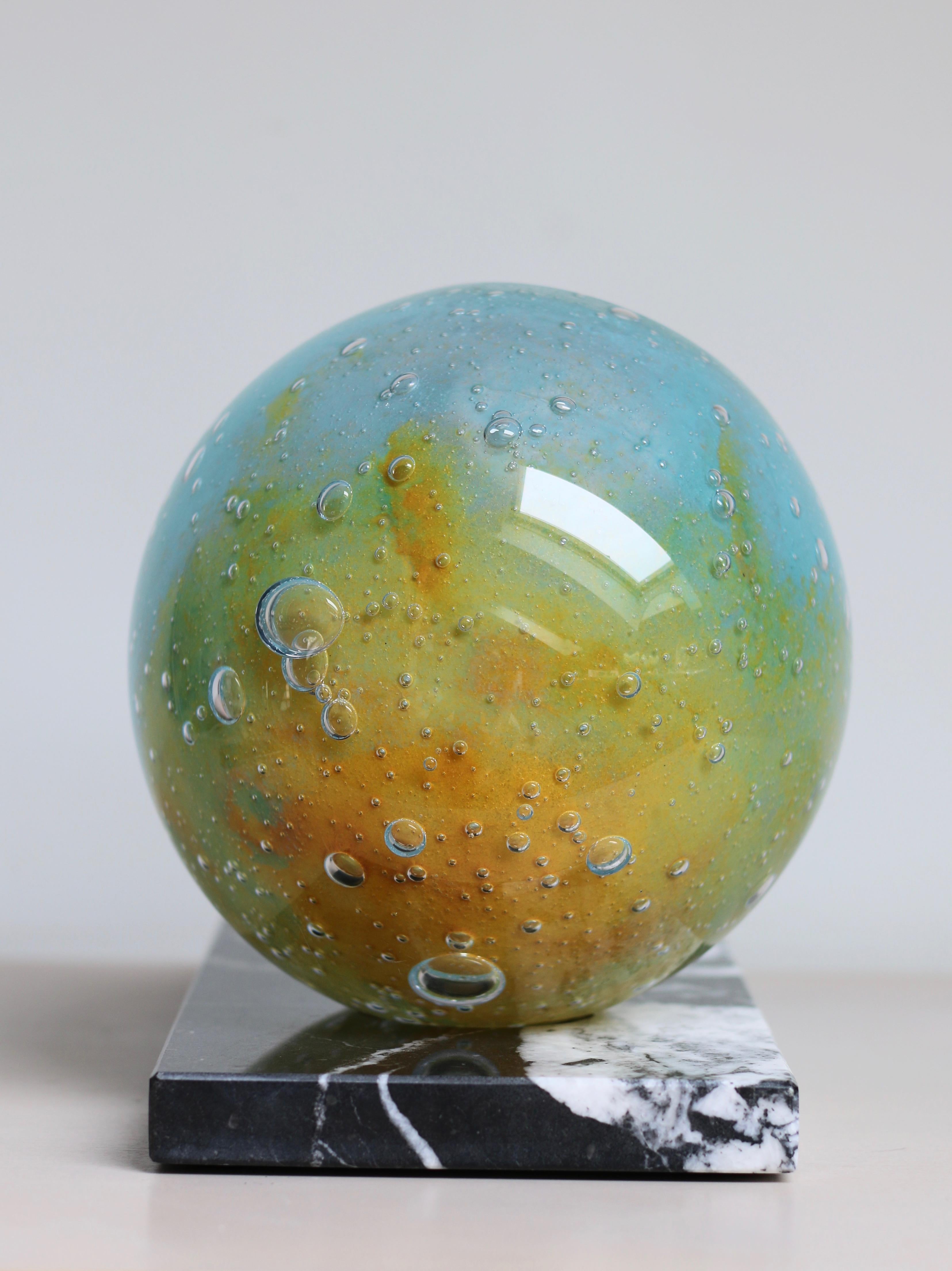 Minimalist 'Birth Of Venus' Mouth-Blown Glass Vase on Marble Blue Yellow Green