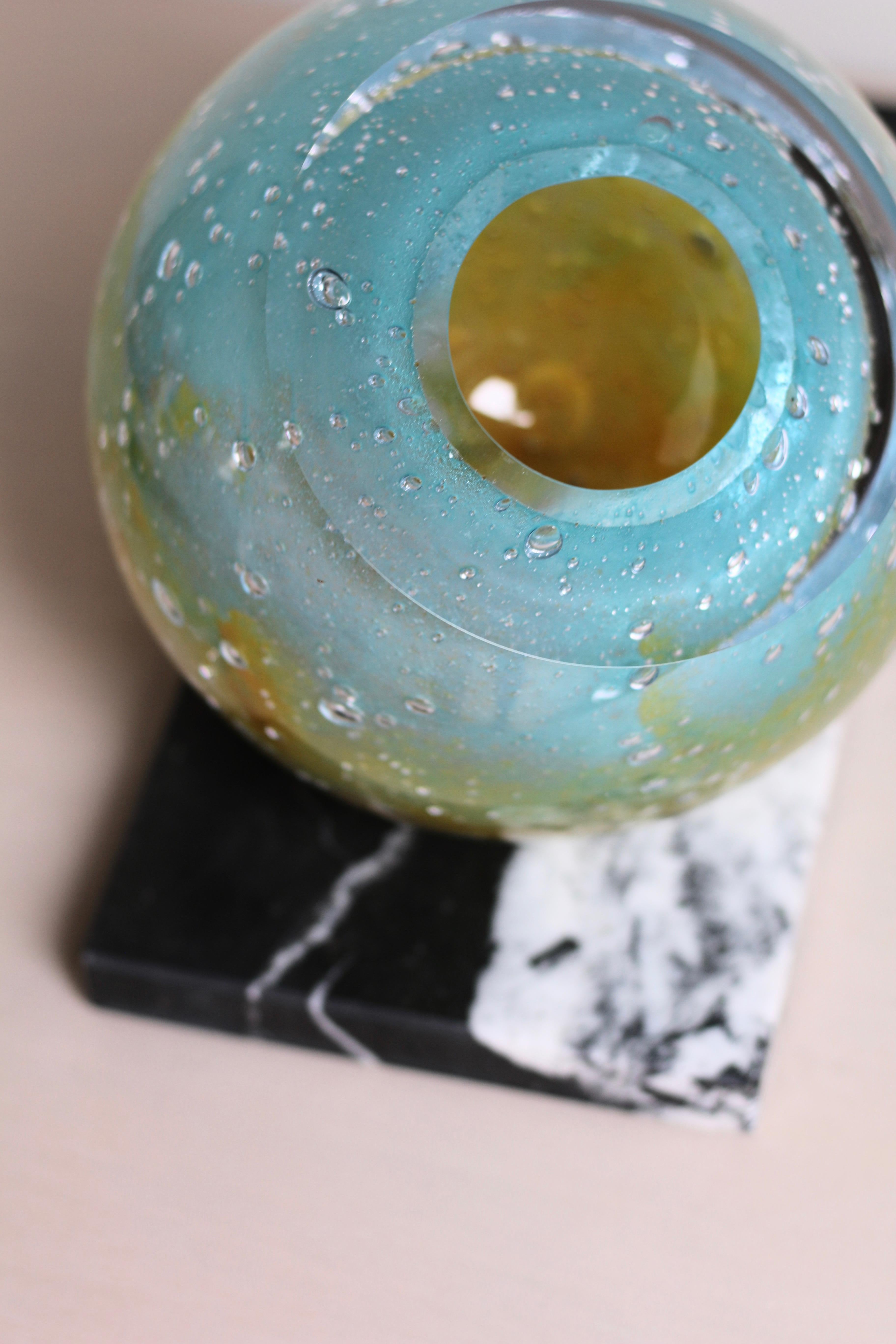 European 'Birth Of Venus' Mouth-Blown Glass Vase on Marble Blue Yellow Green