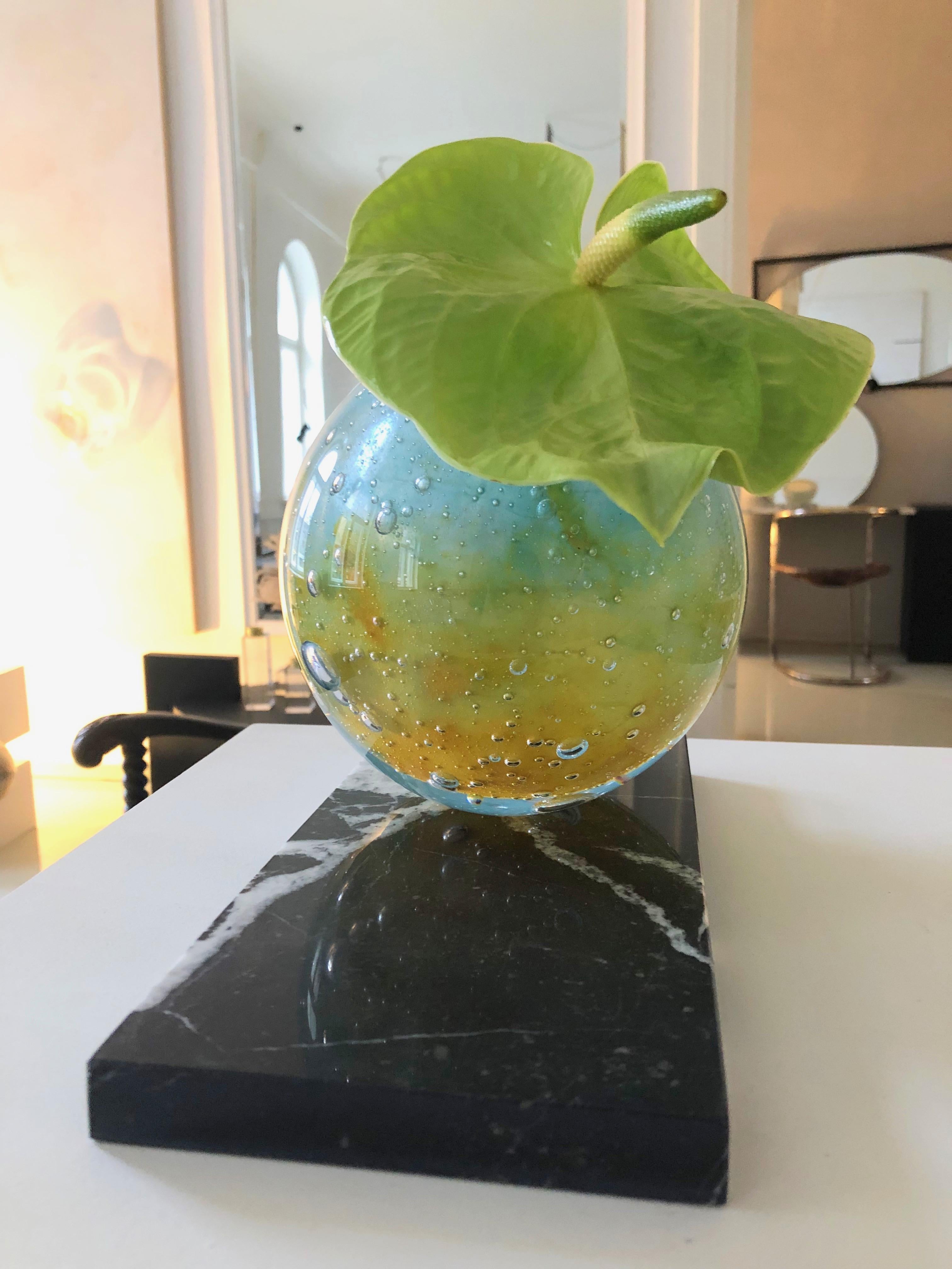 Polished 'Birth Of Venus' Mouth-Blown Glass Vase on Marble Blue Yellow Green