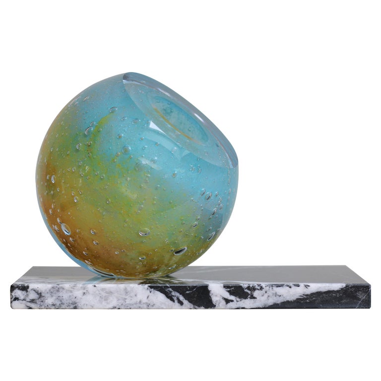 'Birth Of Venus' Mouth-Blown Glass Vase on Marble in Bright Blue For Sale