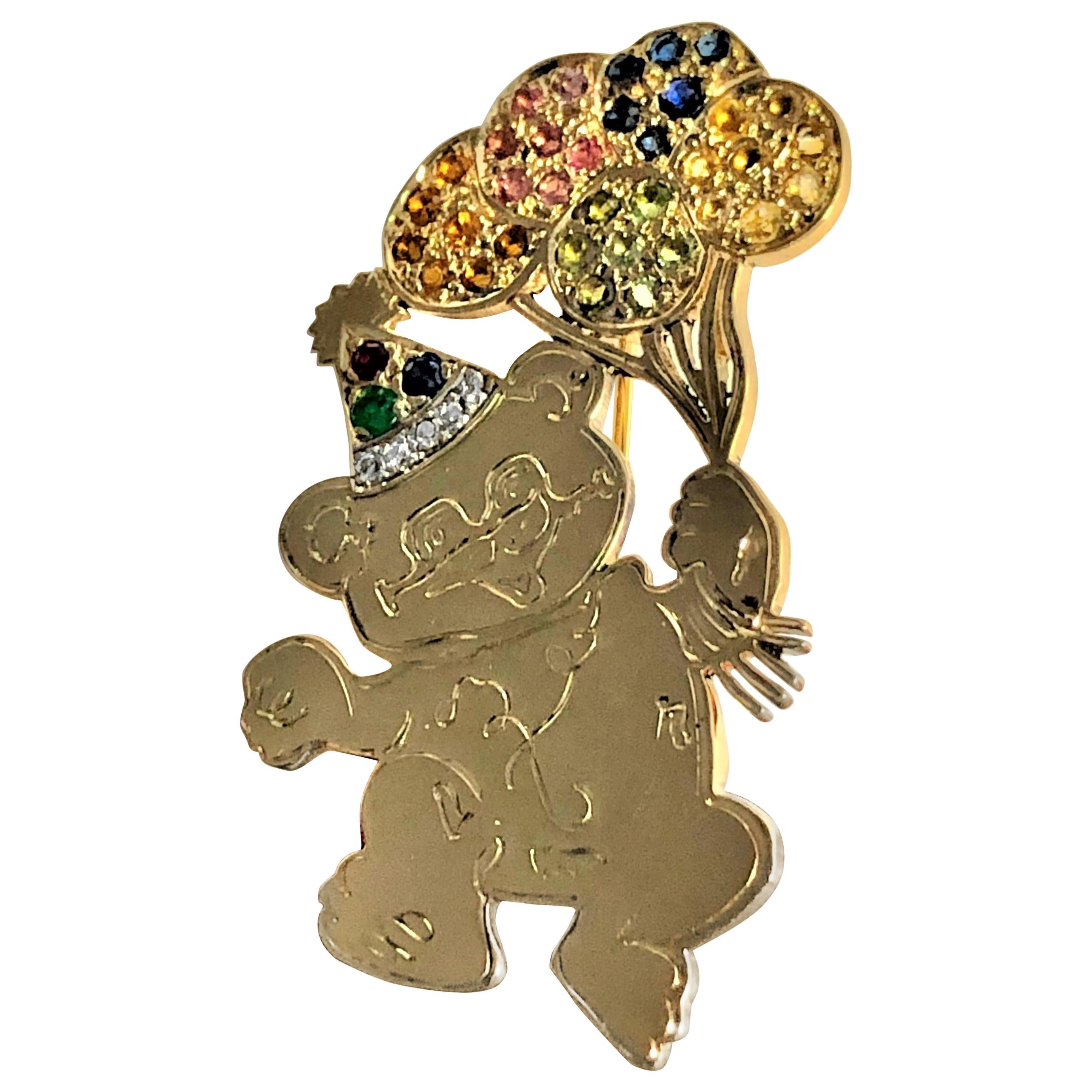 Birthday Bear Brooch in 14k Yellow Gold with Diamonds and Colored Stones