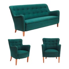 Vintage Birte Iversen Living Room Set Sofa and Two Easy Chairs In wool in deep green 