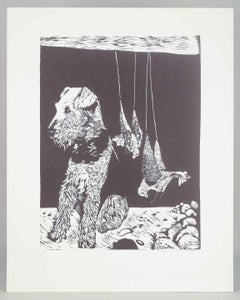 Birthe Kronkvist. Color lithograph with dog and game. 1979.
