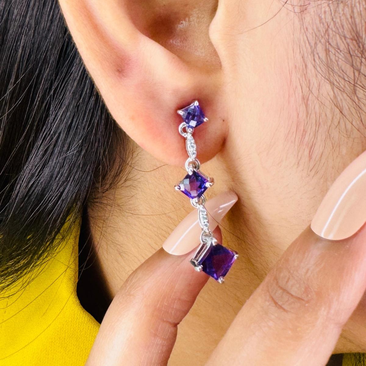 Birthstone Amethyst Trio Drop Earrings in sterling silver to make a statement with your look. You shall need drop earrings to make a statement with your look. These earrings create a sparkling, luxurious look featuring, square cut natural amethyst