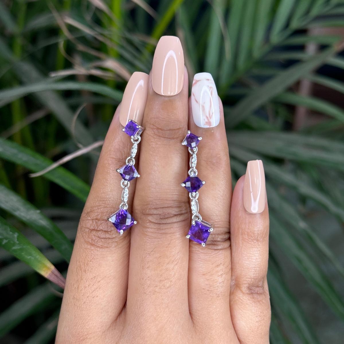 Square Cut Birthstone Amethyst Trio Drop Earrings in 925 Serling Silver Jewelry for Mom For Sale