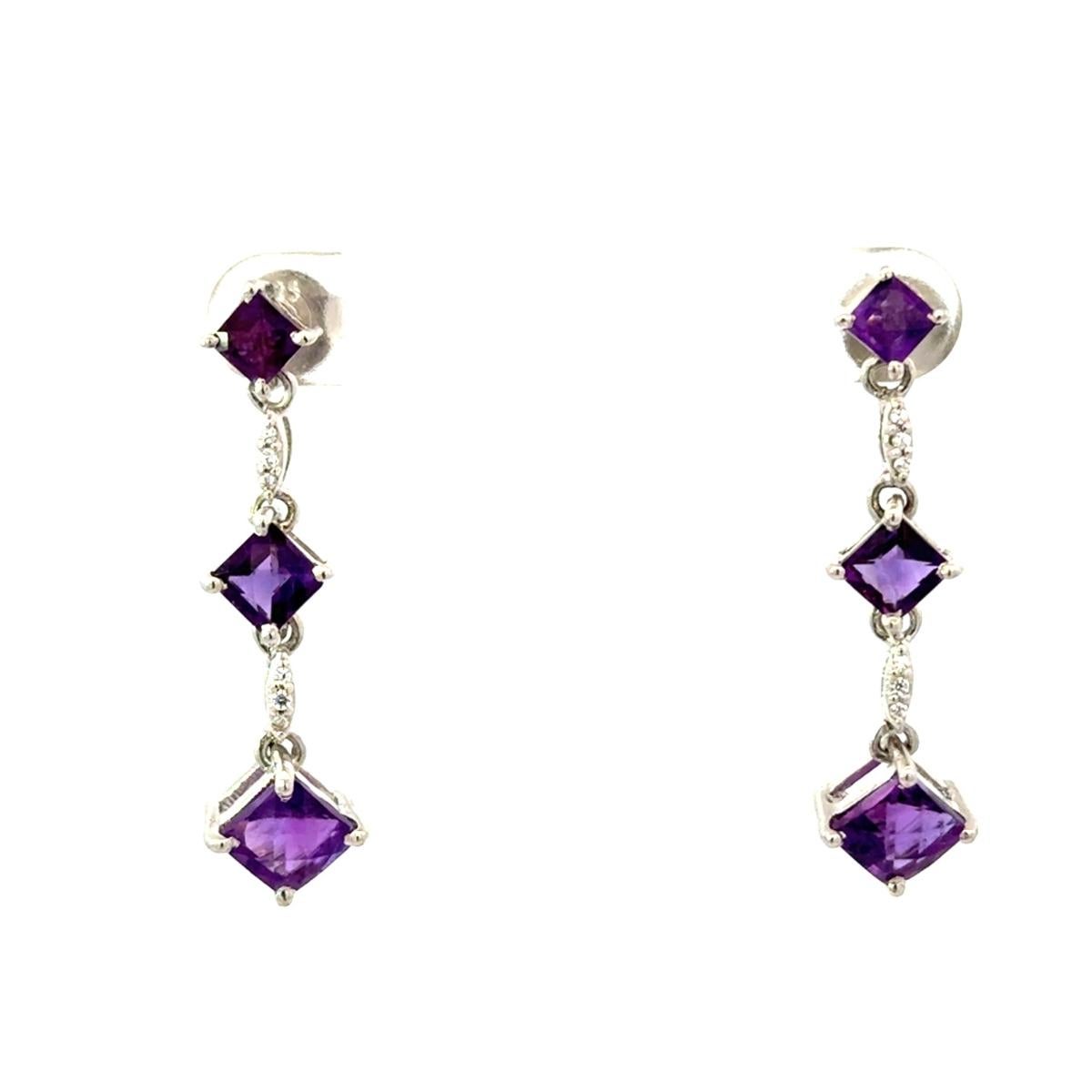 Birthstone Amethyst Trio Drop Earrings in 925 Serling Silver Jewelry for Mom For Sale 2