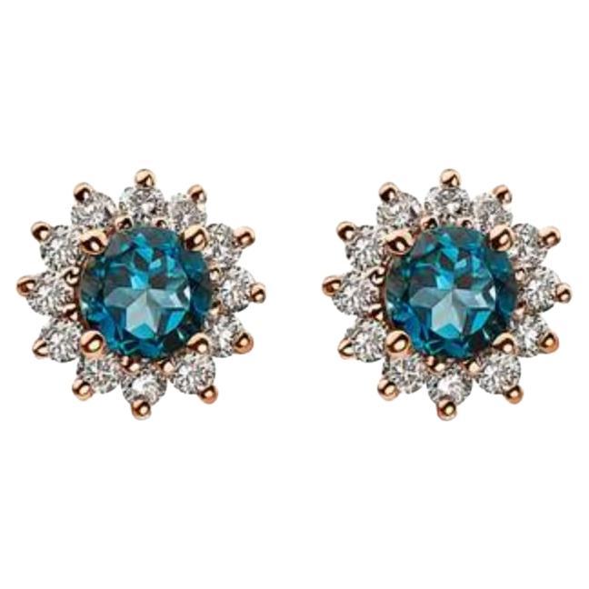 Birthstone Earrings Featuring Deep Sea Blue Topaz Nude Diamonds For Sale