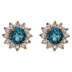Birthstone Earrings Featuring Deep Sea Blue Topaz Nude Diamonds