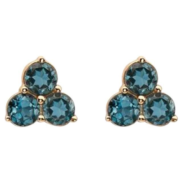 Birthstone Earrings Featuring Deep Sea Blue Topaz Set in 14K Honey Gold For Sale