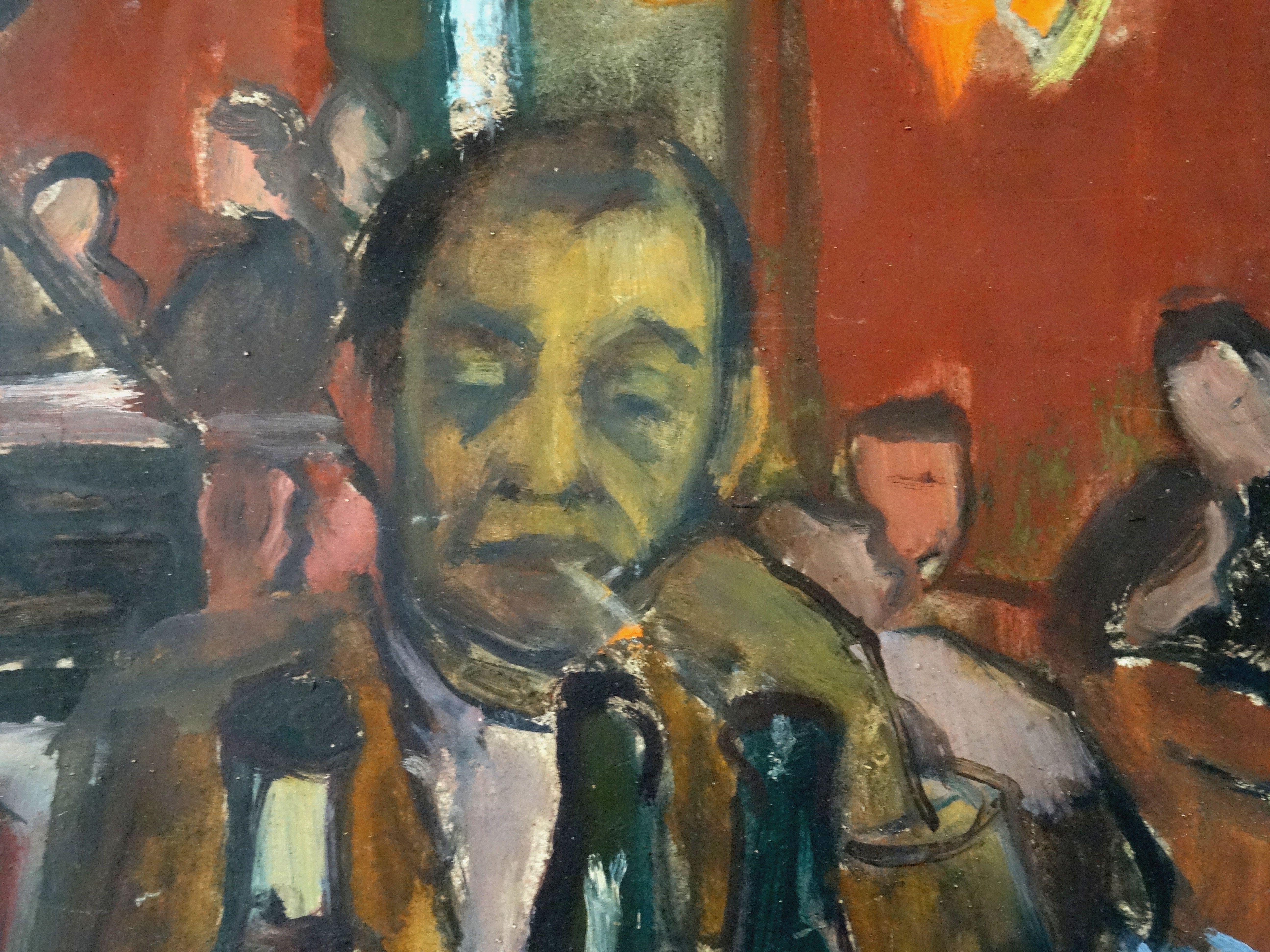 Im Cafe  1950, Karton, Öl, 51x71 cm – Painting von Biruta Baumane