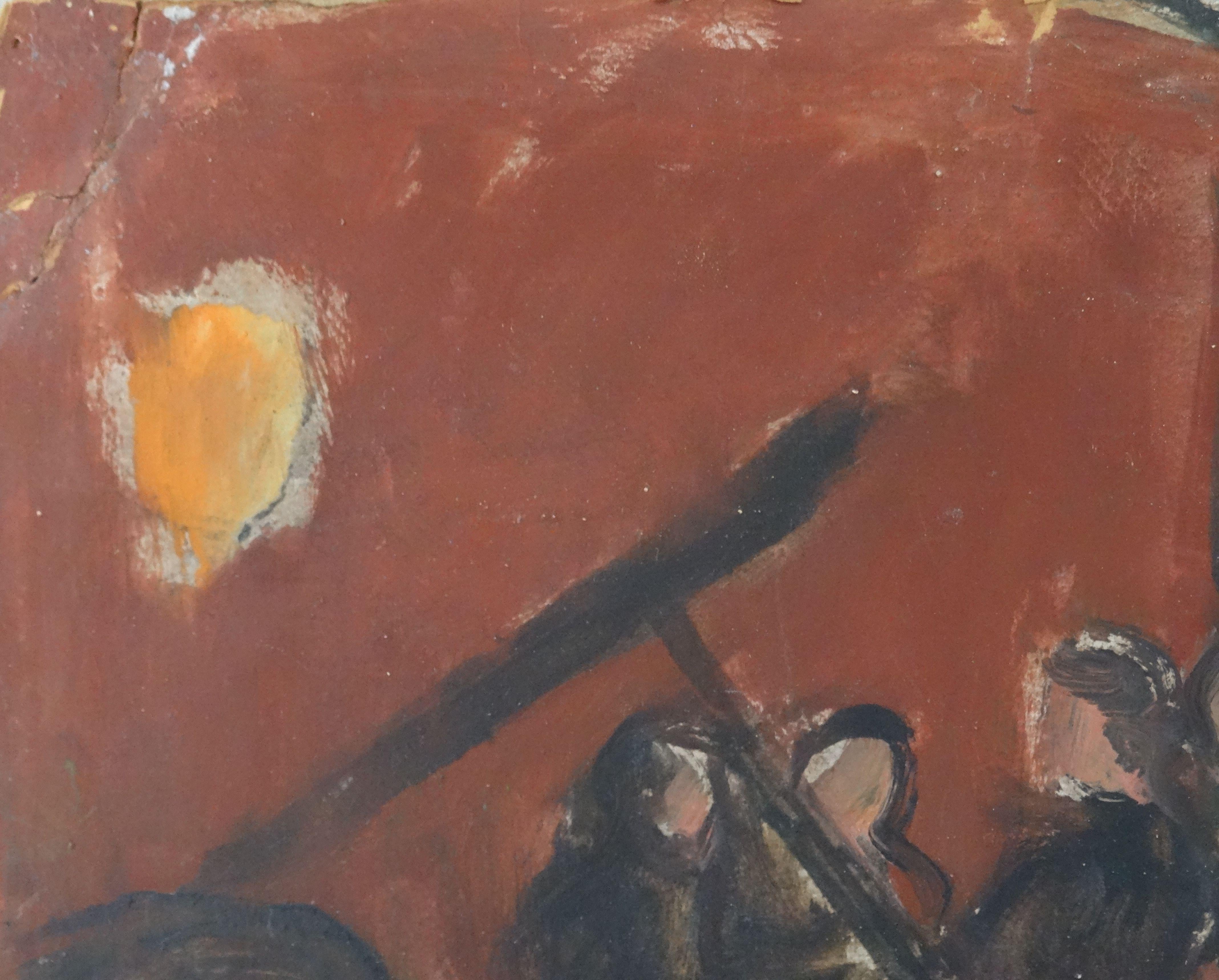 At cafe  1950, cardboard, oil, 51x71 cm - Fauvist Painting by Biruta Baumane