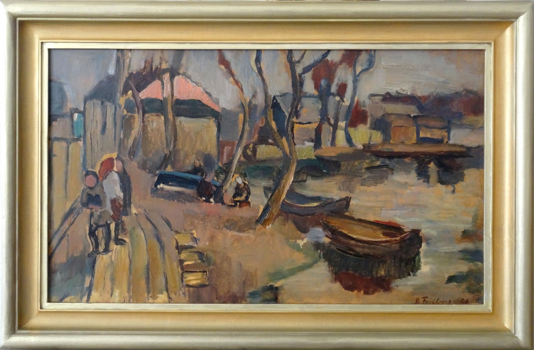 Boats by the river  Oil on cardboard, 47.5x80 cm - Painting by Biruta Baumane
