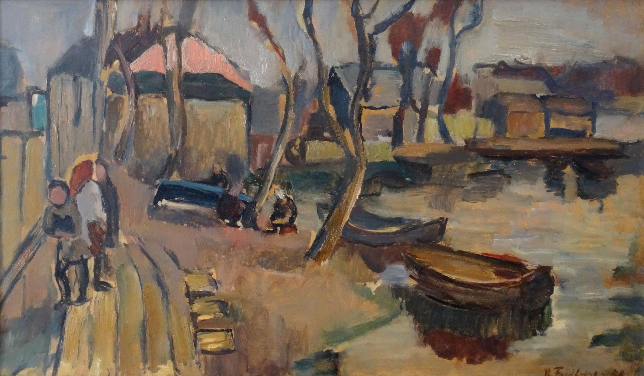 Boats by the river  Oil on cardboard, 47.5x80 cm