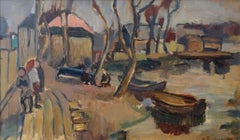 Barcos junto al río  Óleo sobre cartón, 47,5x80 cm