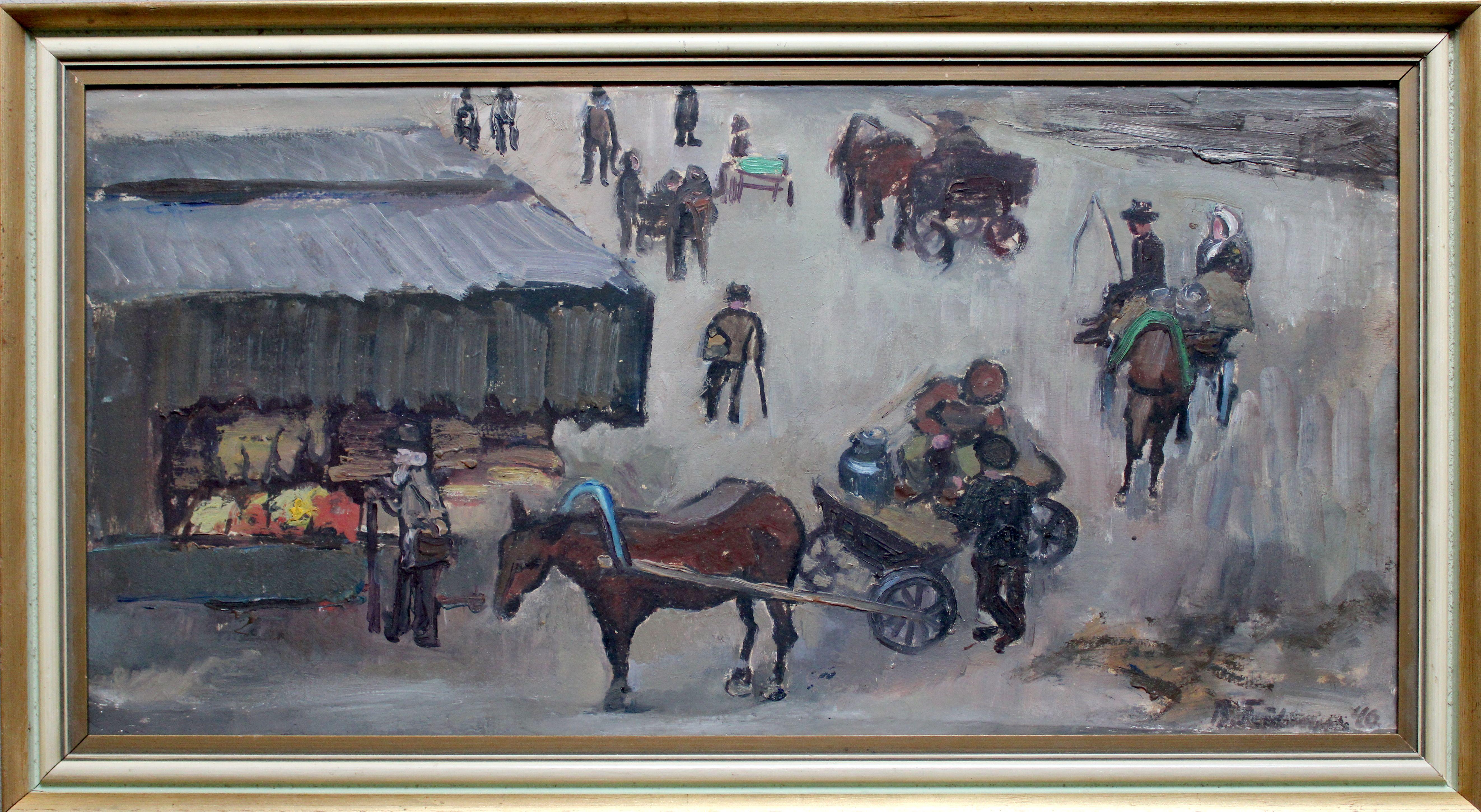 Auf dem Marktplatz.  Pappkarton, Öl, 41x81 cm – Painting von Biruta Baumane