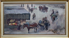 Sur la place du marché.  Cardboard, huile, 41 x81 cm