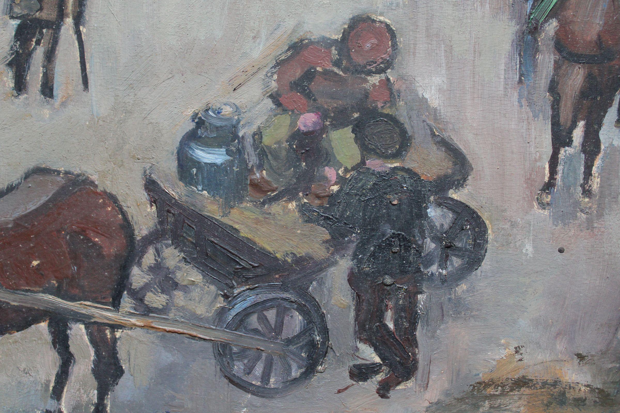 Sur la place du marché.  Cardboard, huile, 41 x81 cm - Fauvisme Painting par Biruta Baumane