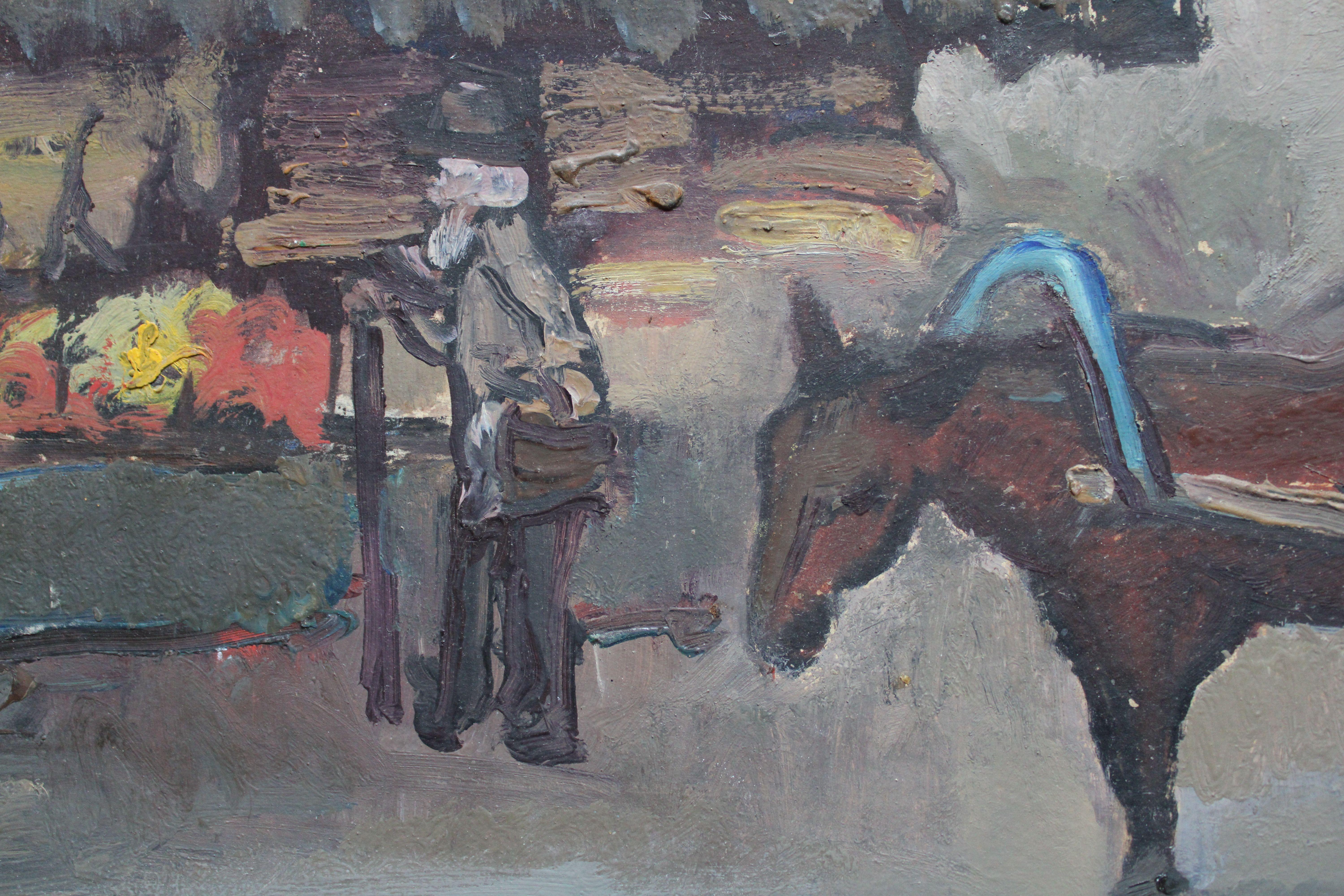 In the market square.  cardboard, oil, 41x81 cm - Fauvist Painting by Biruta Baumane