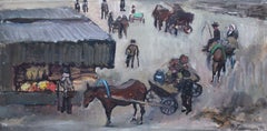 En la plaza del mercado.  cartón, óleo, 41x81 cm