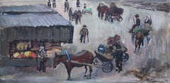 Auf dem Marktplatz.  Pappkarton, Öl, 41x81 cm