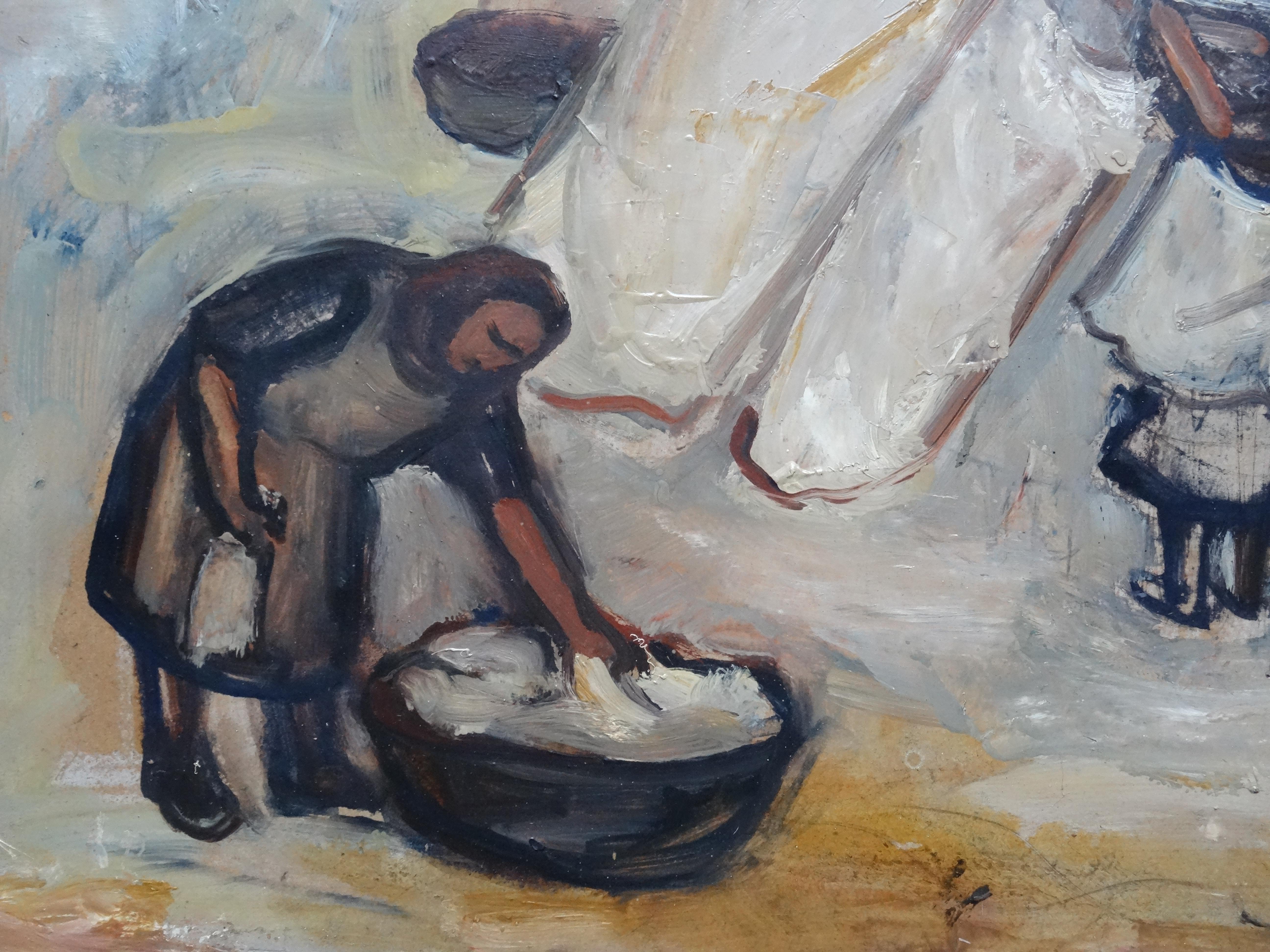 The laundry is drying  1950s, oil on cardboard, 51x74 cm - Painting by Biruta Baumane