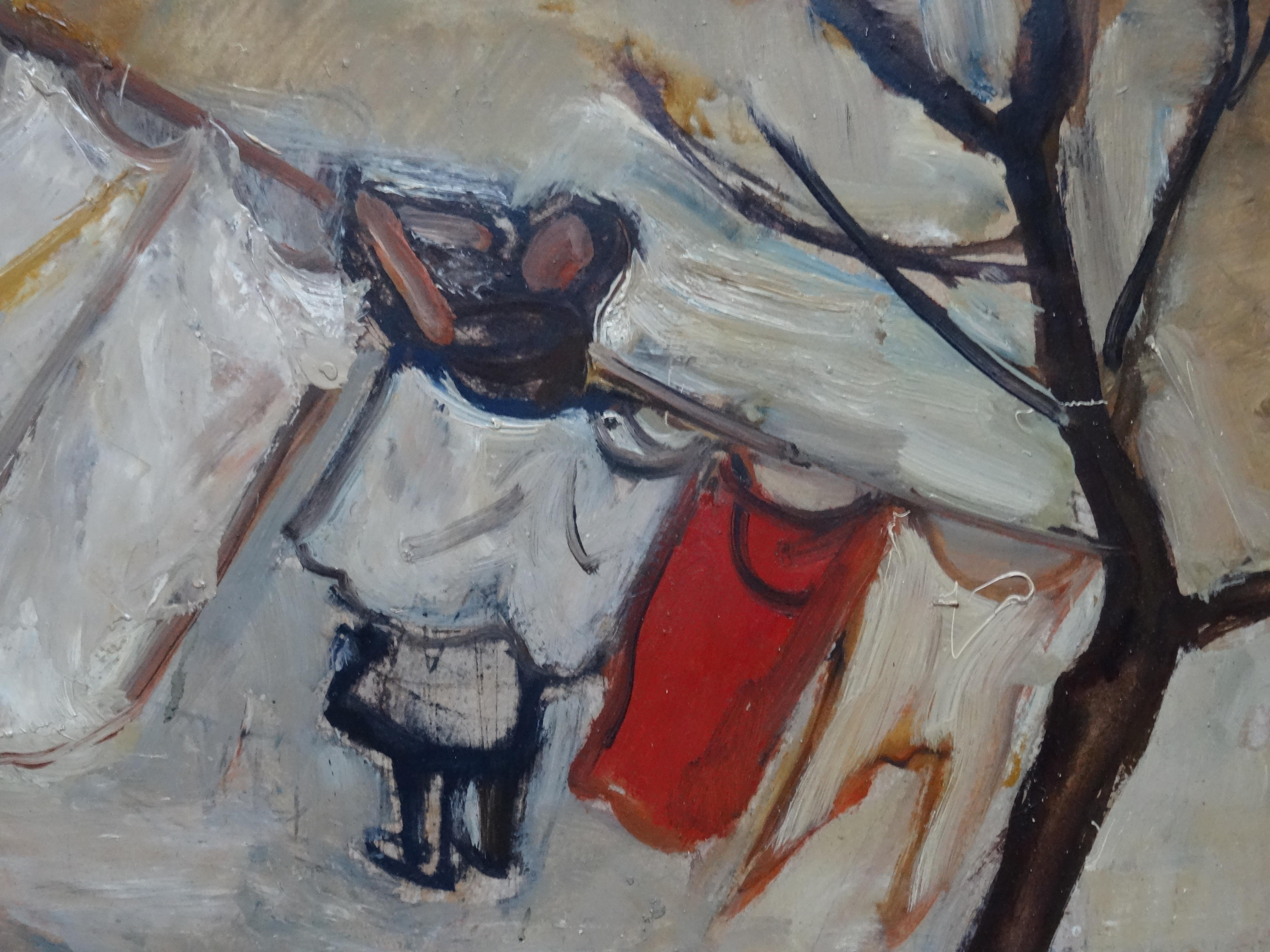 The laundry is drying  1950, huile sur carton, 51x74 cm - Fauvisme Painting par Biruta Baumane