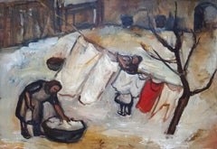 Die Wäsche wird trocknen  1950er Jahre, Öl auf Karton, 51x74 cm