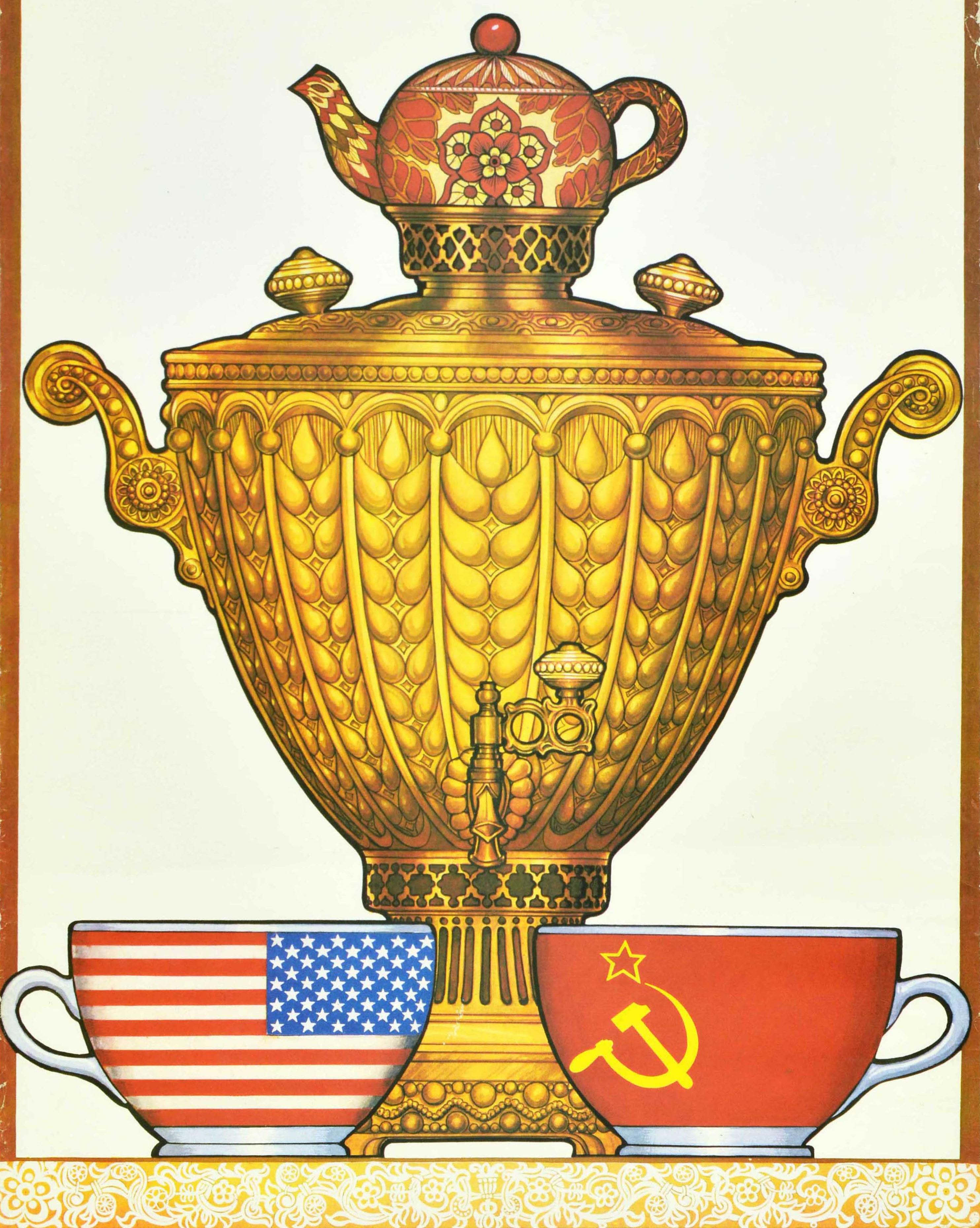 Original vintage Soviet Cold War propaganda poster - We shall live in peace! - featuring traditional style artwork depicting a samovar with a floral tea pot on top and two tea cups on the table cloth below, one decorated with an American flag and